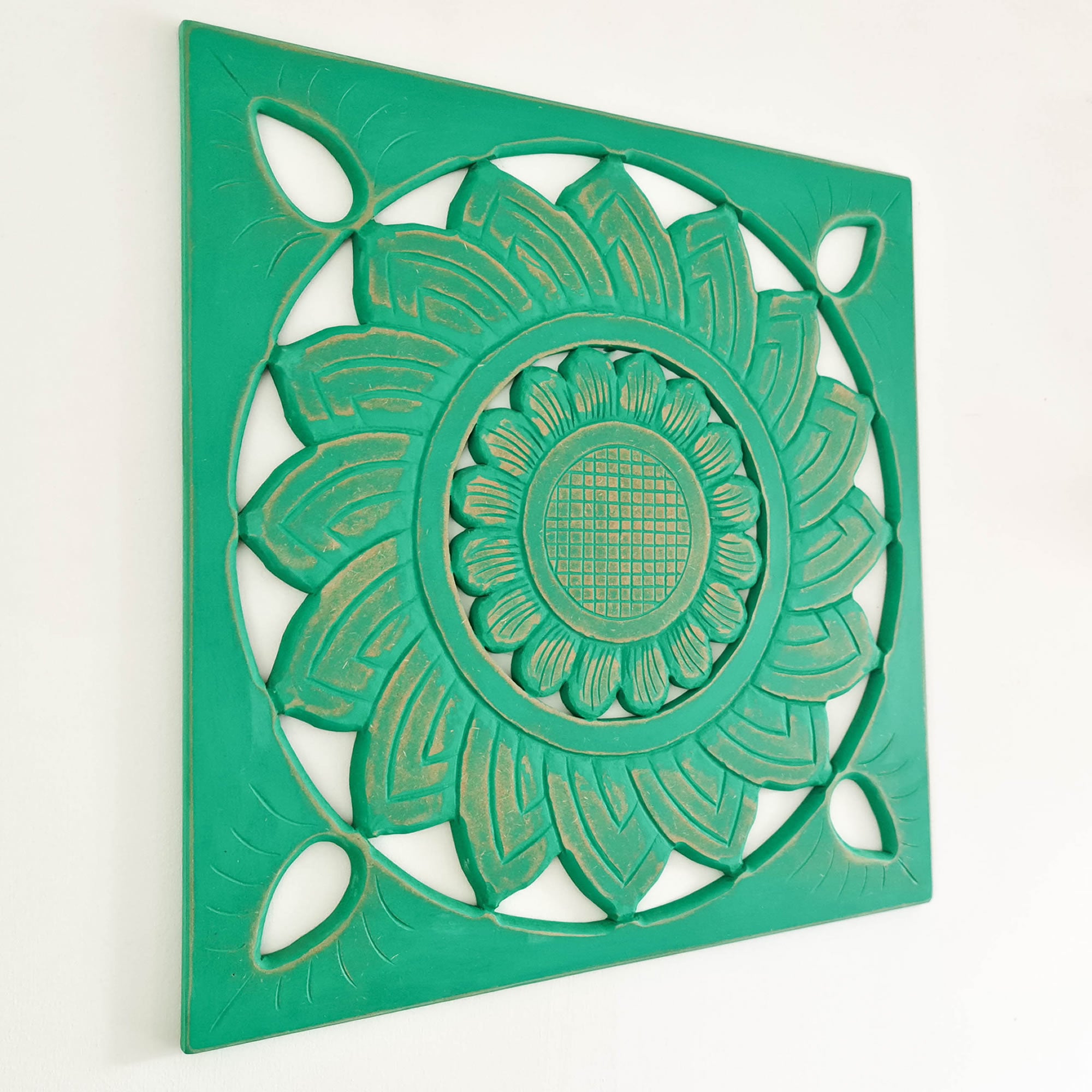 Hand Carved Wooden Wall Art - Square Decorative Mandala Turquoise