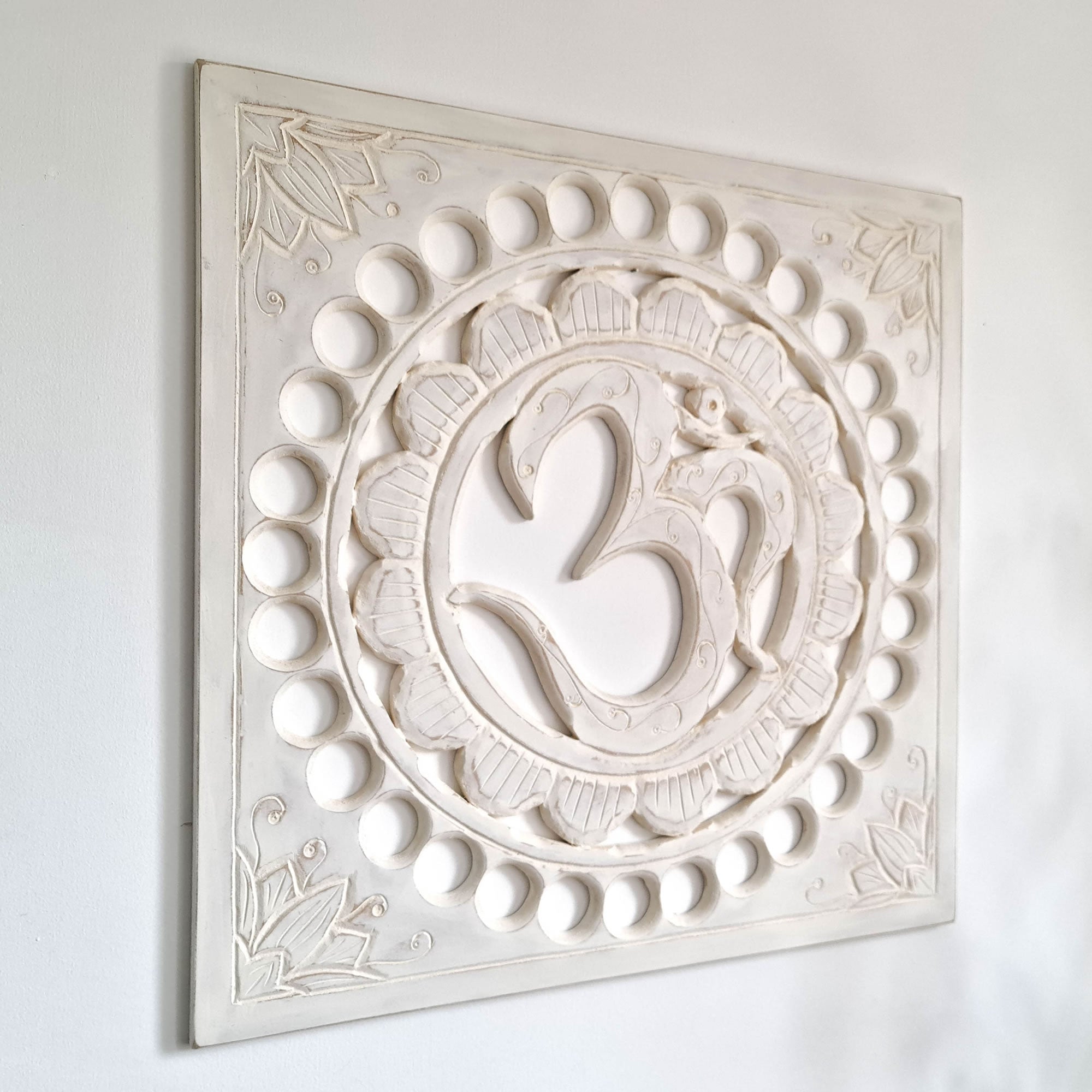 Handmade Carved Wooden Decorative Wall Art OM Mantra Distressed White