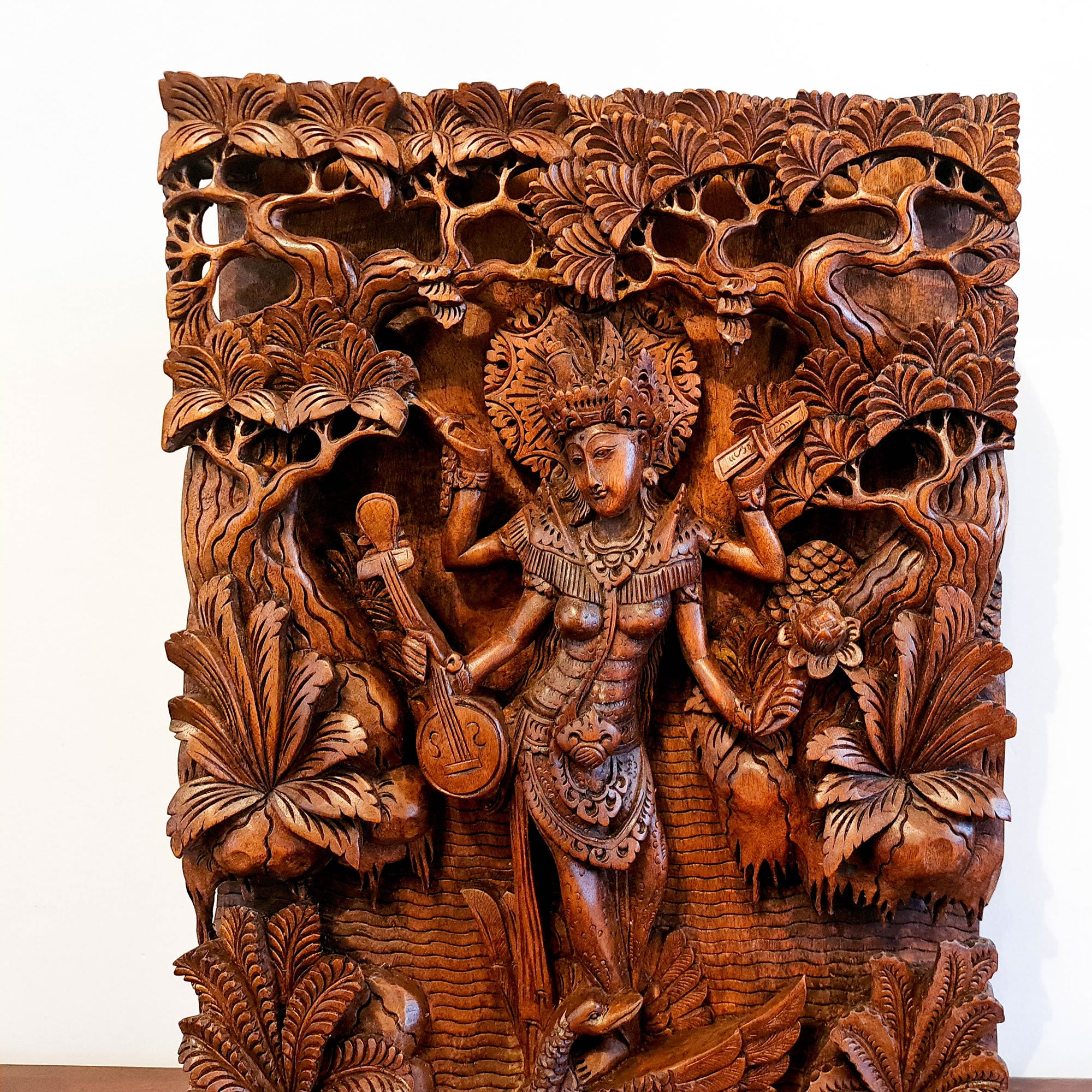 Goddess Saraswati Carved Wooden Decorative Hindu Mandir Sculpture Art - Easternada