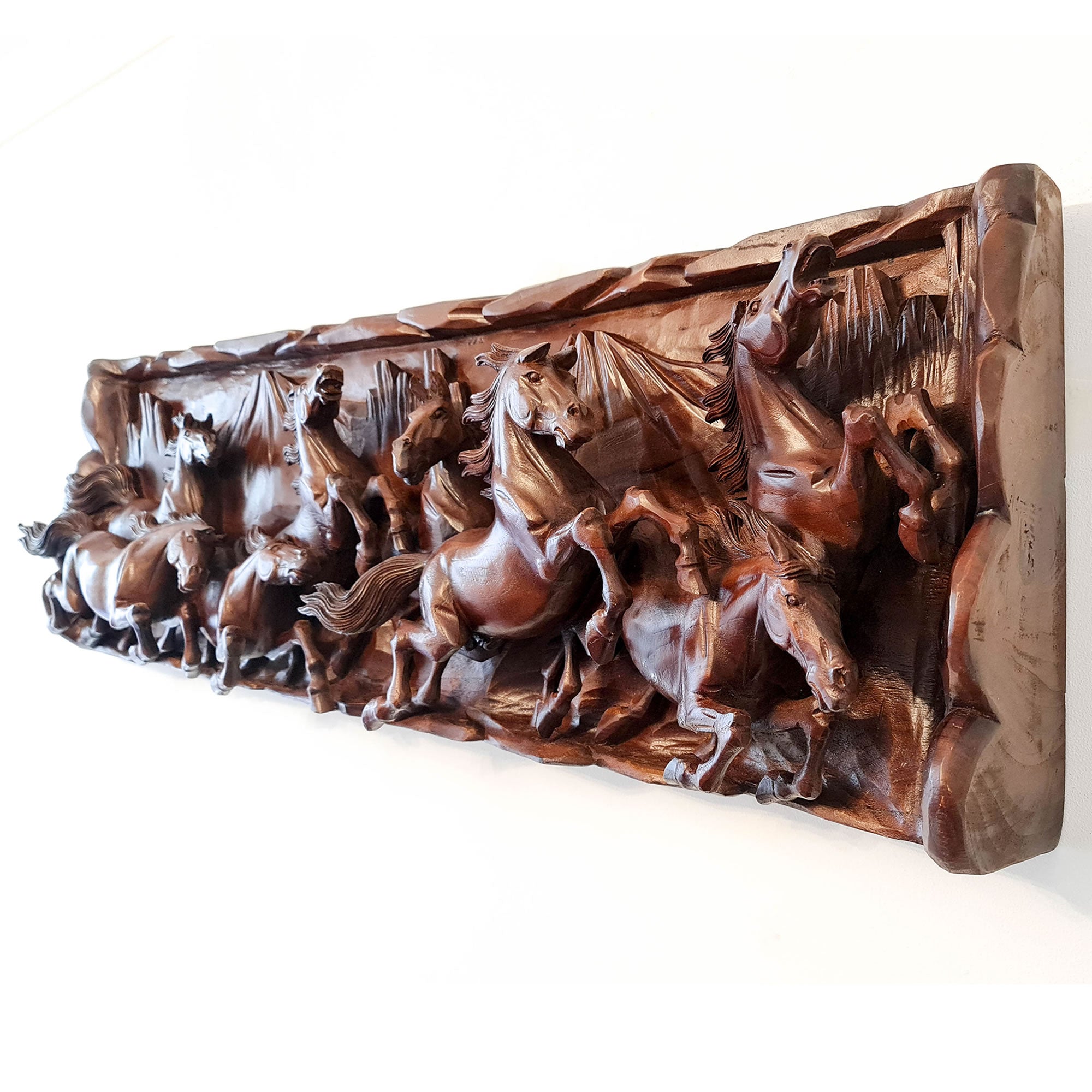 1-meter panoramic teakwood horse sculpture; hand-carved 3D running horses relief for luxury wall decor.