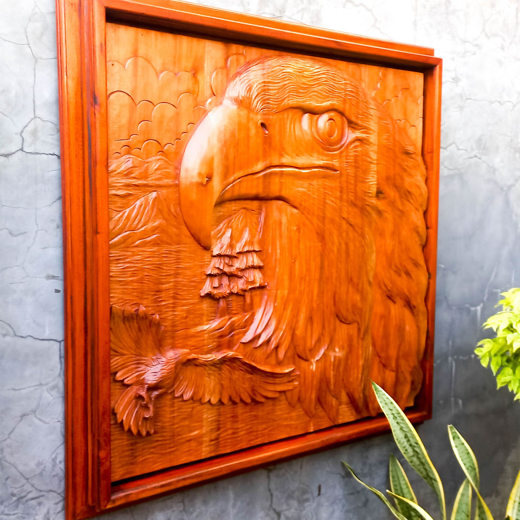 Hand Carved American Bald Eagle Bird Decorative Teakwood Sculpture Wall Art