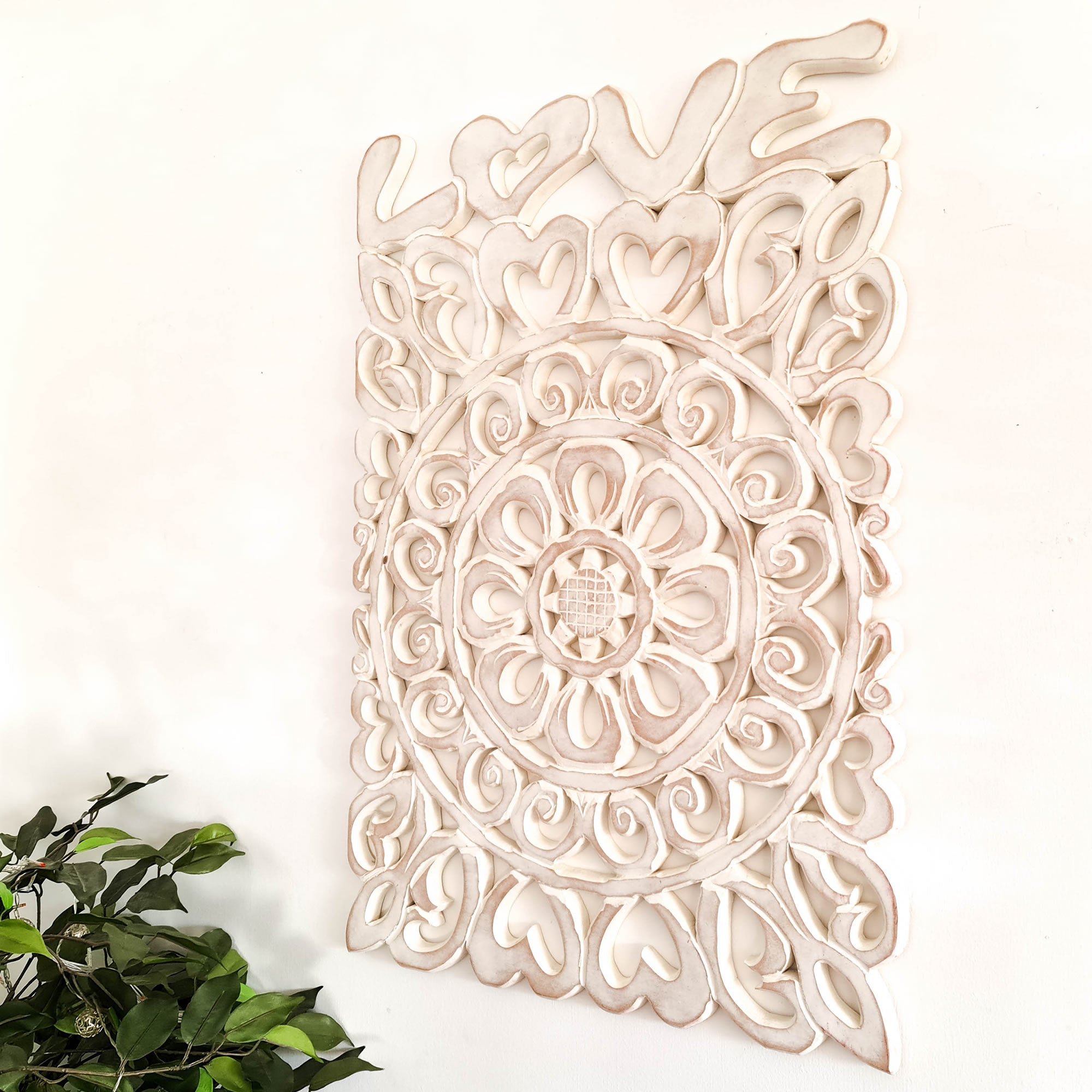 Handmade Carved Wooden Decorative Wall Art Lotus Headboard LOVE - A perfect gift for a loved one