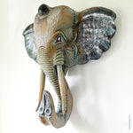 African Elephant Head - Carved Wooden Decorative Sculpture Art Tusk