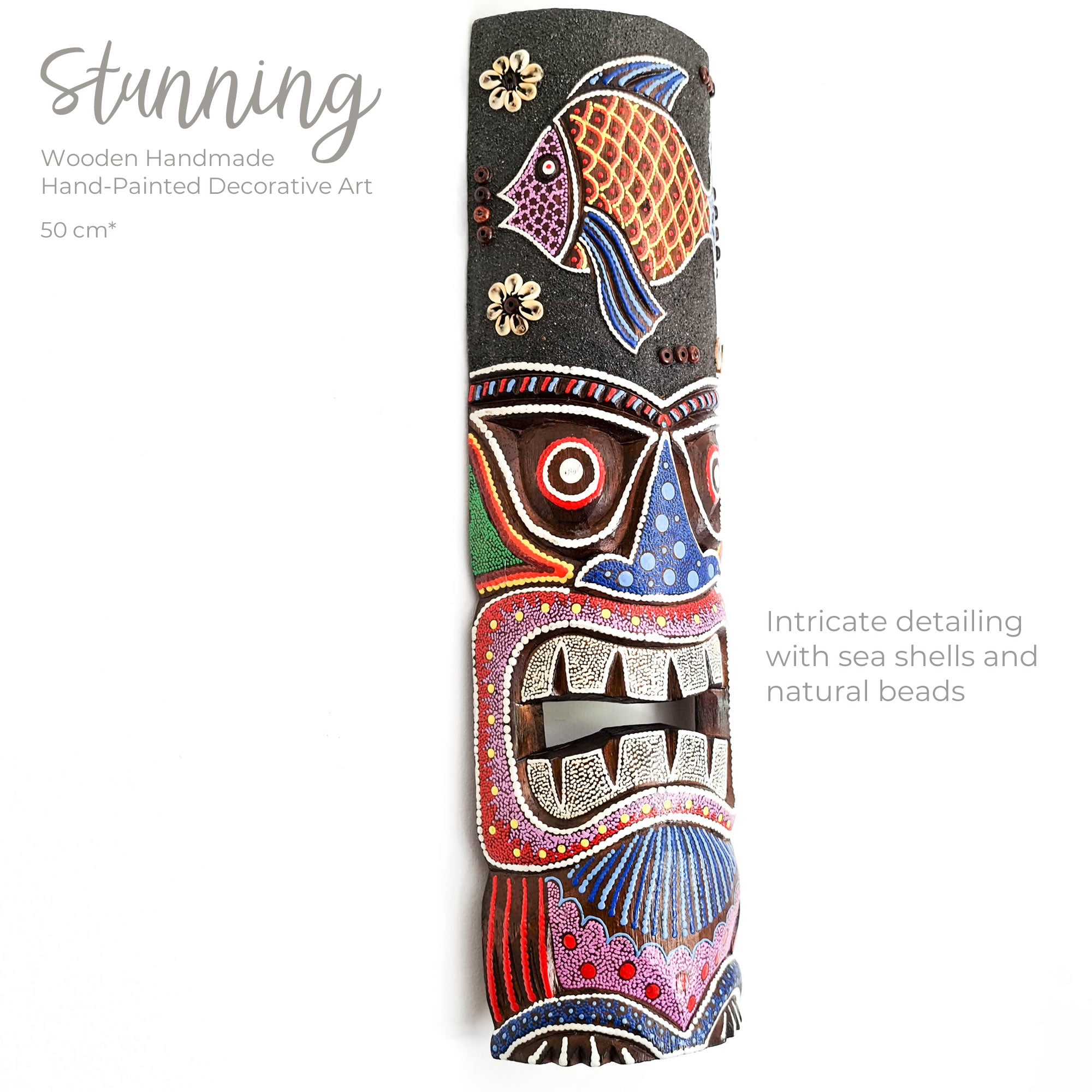 Hawaiian Tiki Mask Wall Hanging - Hand Carved painted wooden Tropical Aboriginal decoration