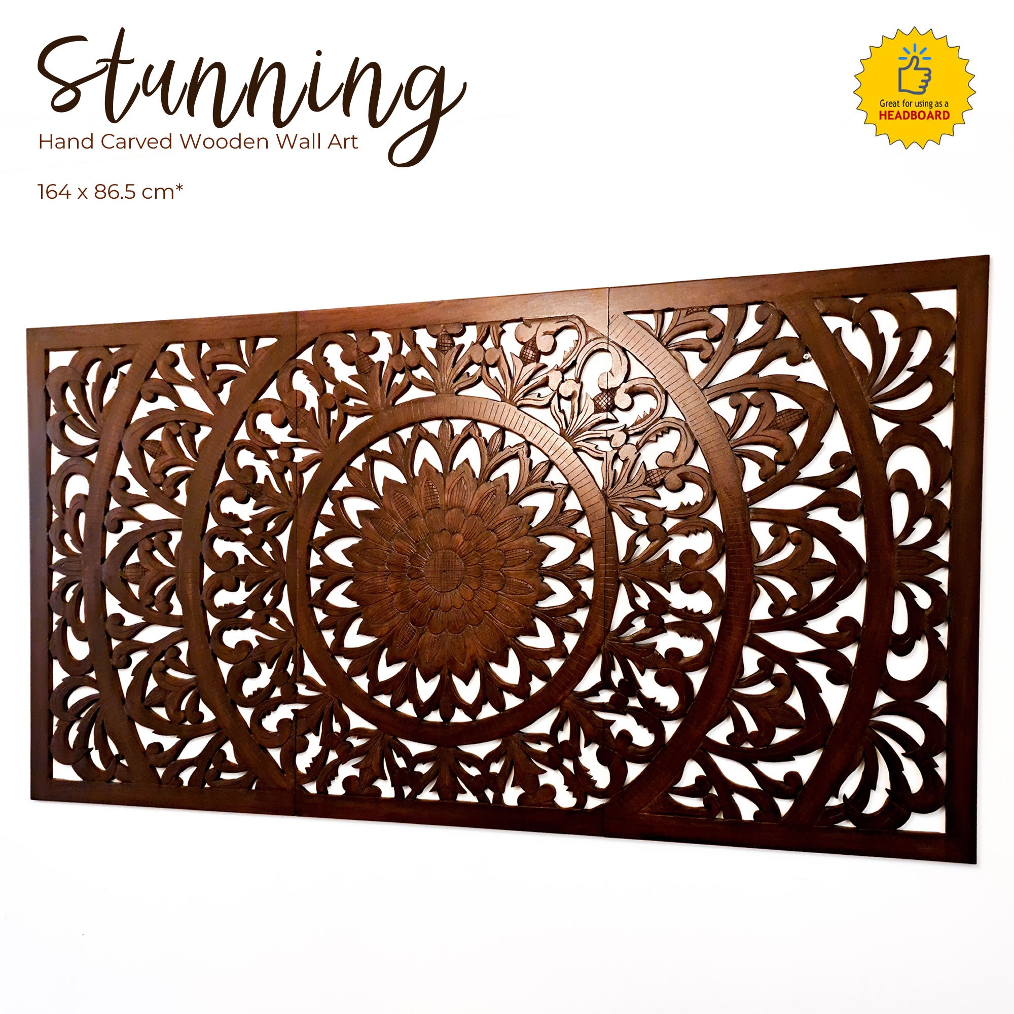 Hand Carved Wooden Decorative Wall Art Large King Headboard Mandala Sculpture