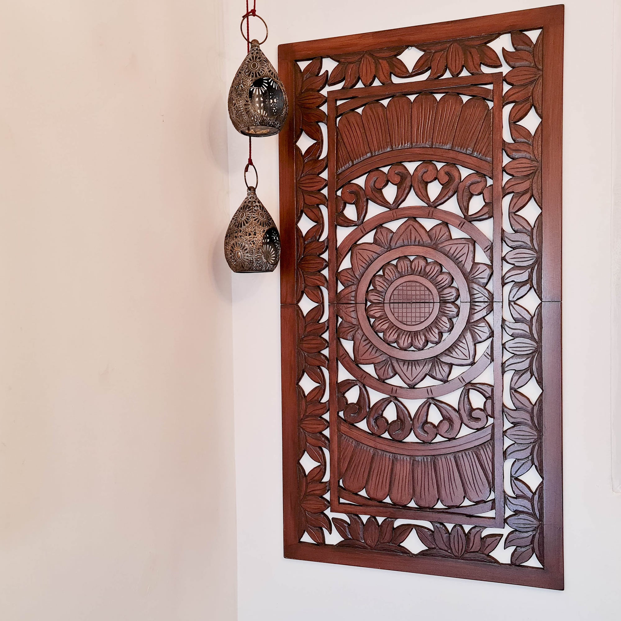 Hand Carved Wooden Wall Art - Decorative Mandala Headboard Panel Easternada