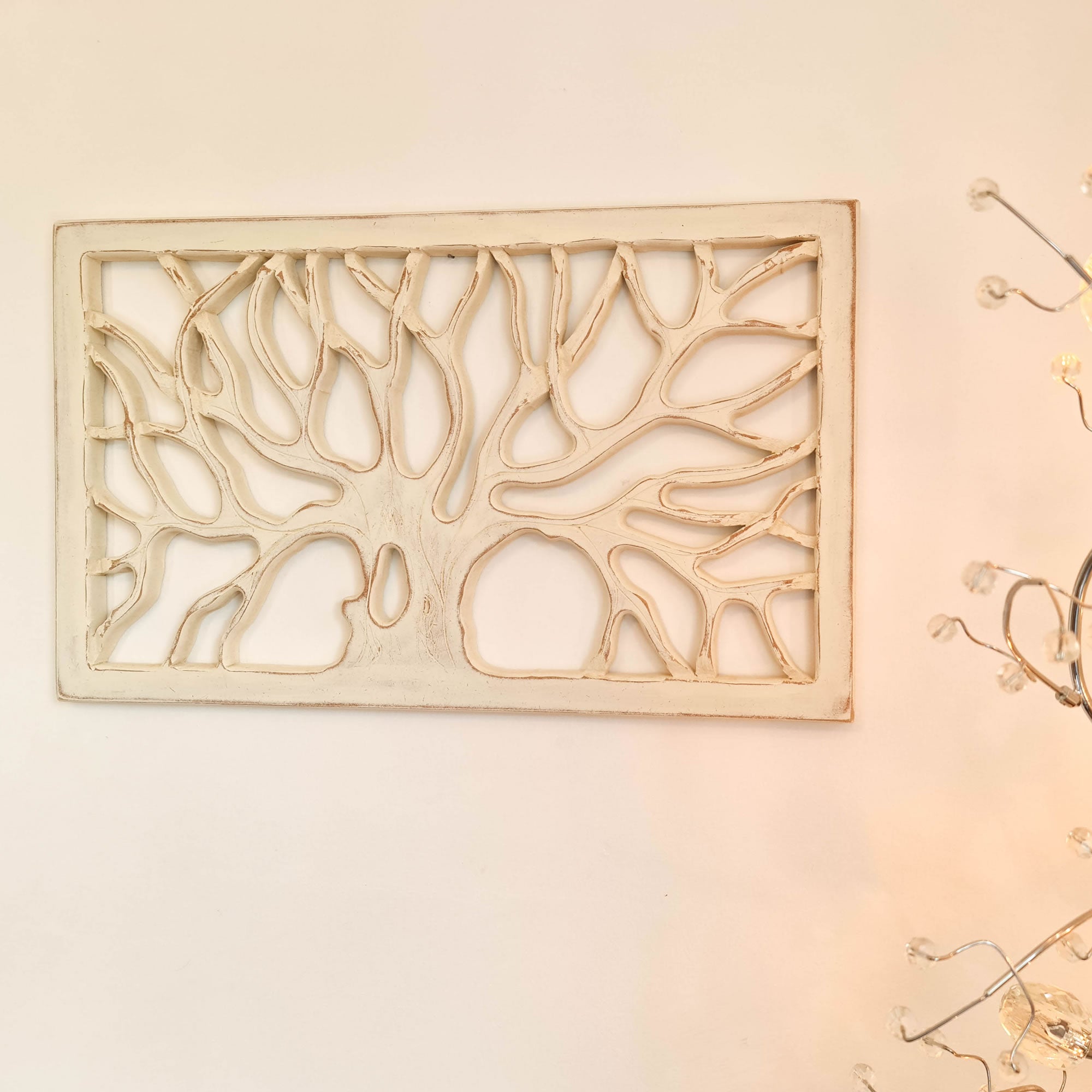 Hand Carved Shabby Chic Wooden Tree of Life Wall Art - Decorative Distressed White