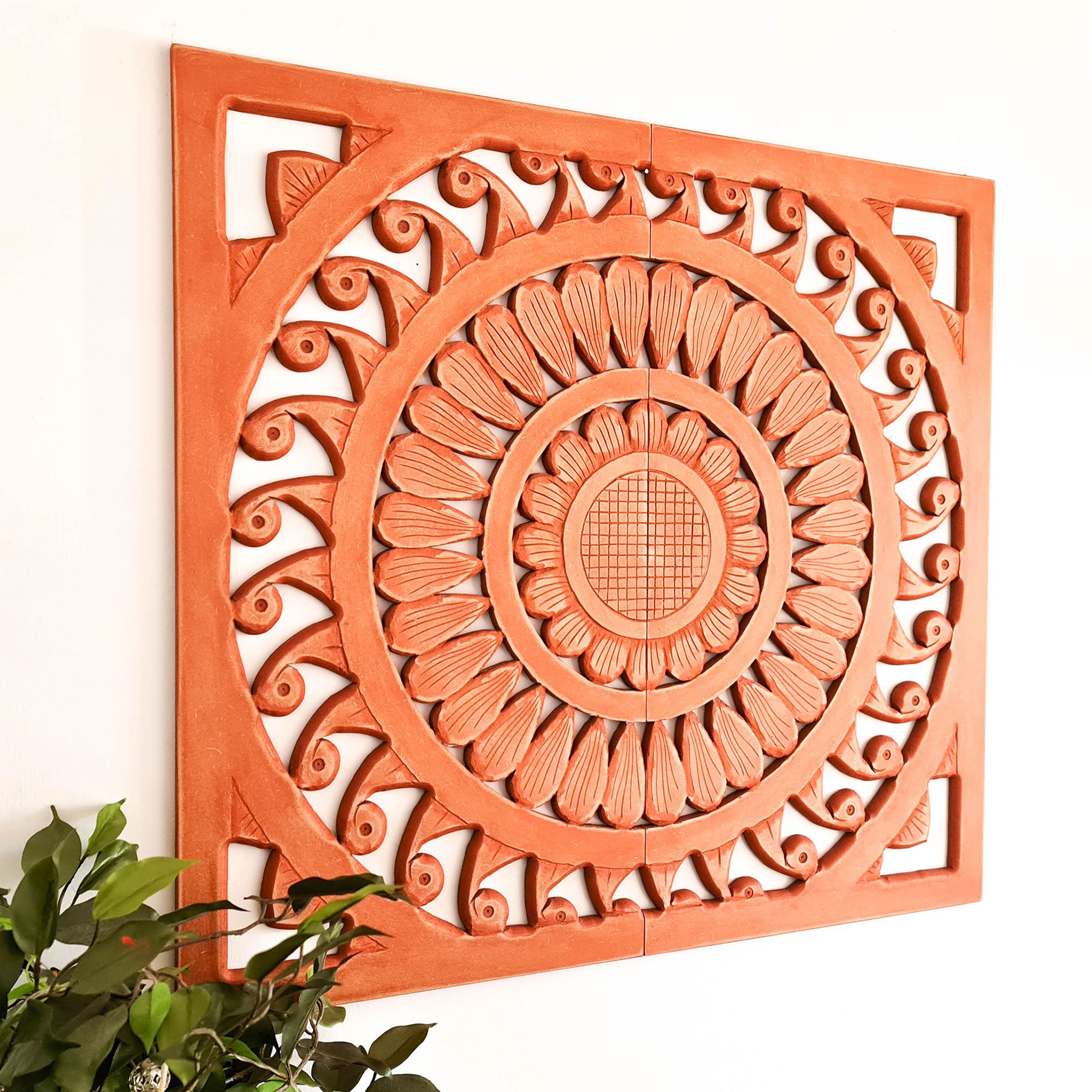 Hand Carved Wooden Wall Art - Large Decorative Mandala Rustic Copper Headboard Sculpture