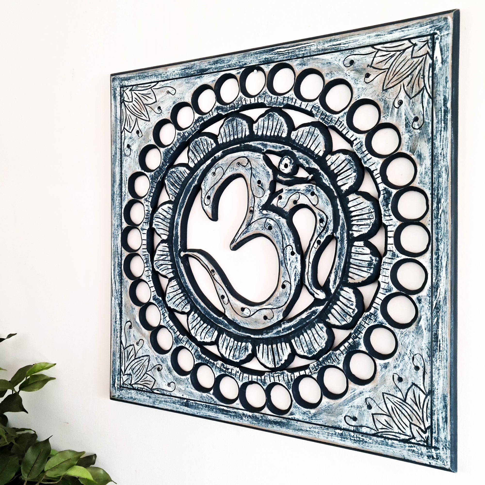 Handmade Carved Wooden Decorative Wall Art Hanging Buddha OM Mantra Distressed Rustic Indigo Blue