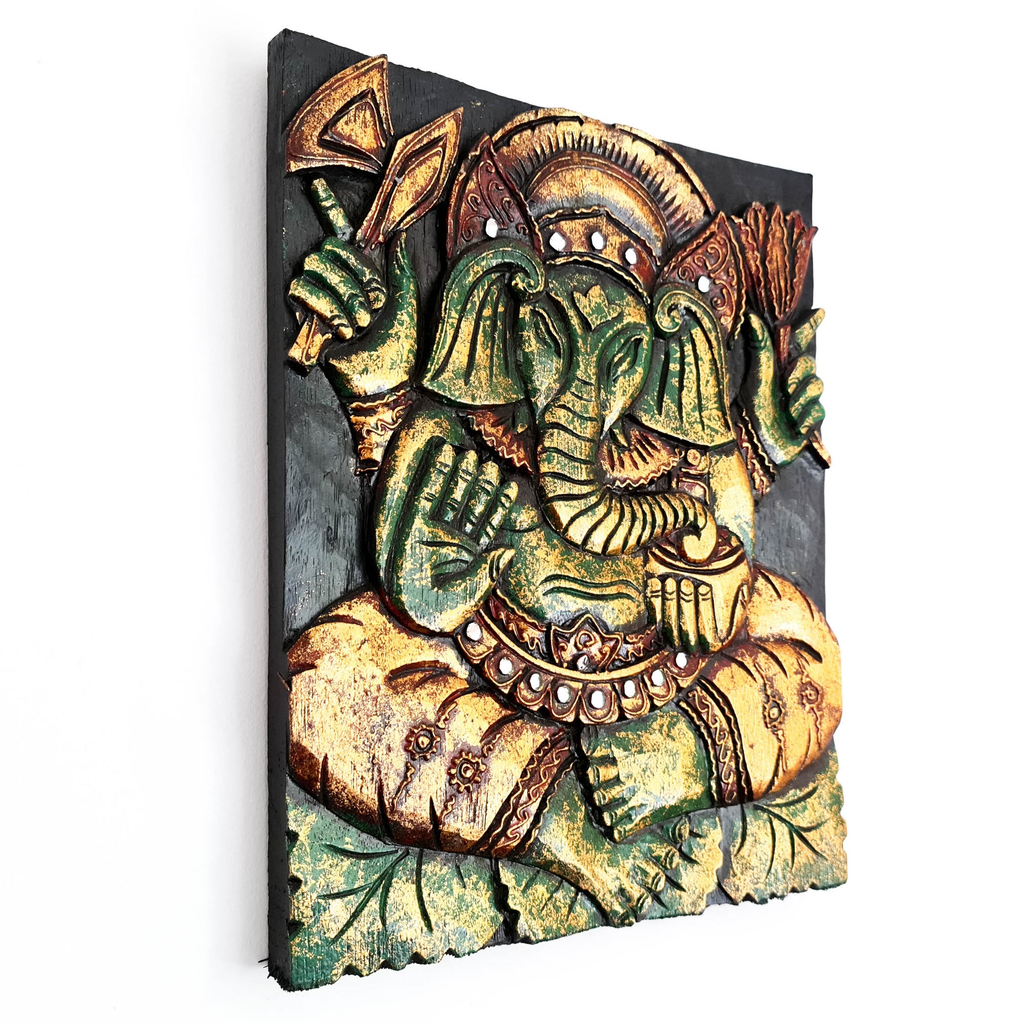 Hand Carved Painted Golden Ganesh Hindu God Mandir Wood Art Sculpture