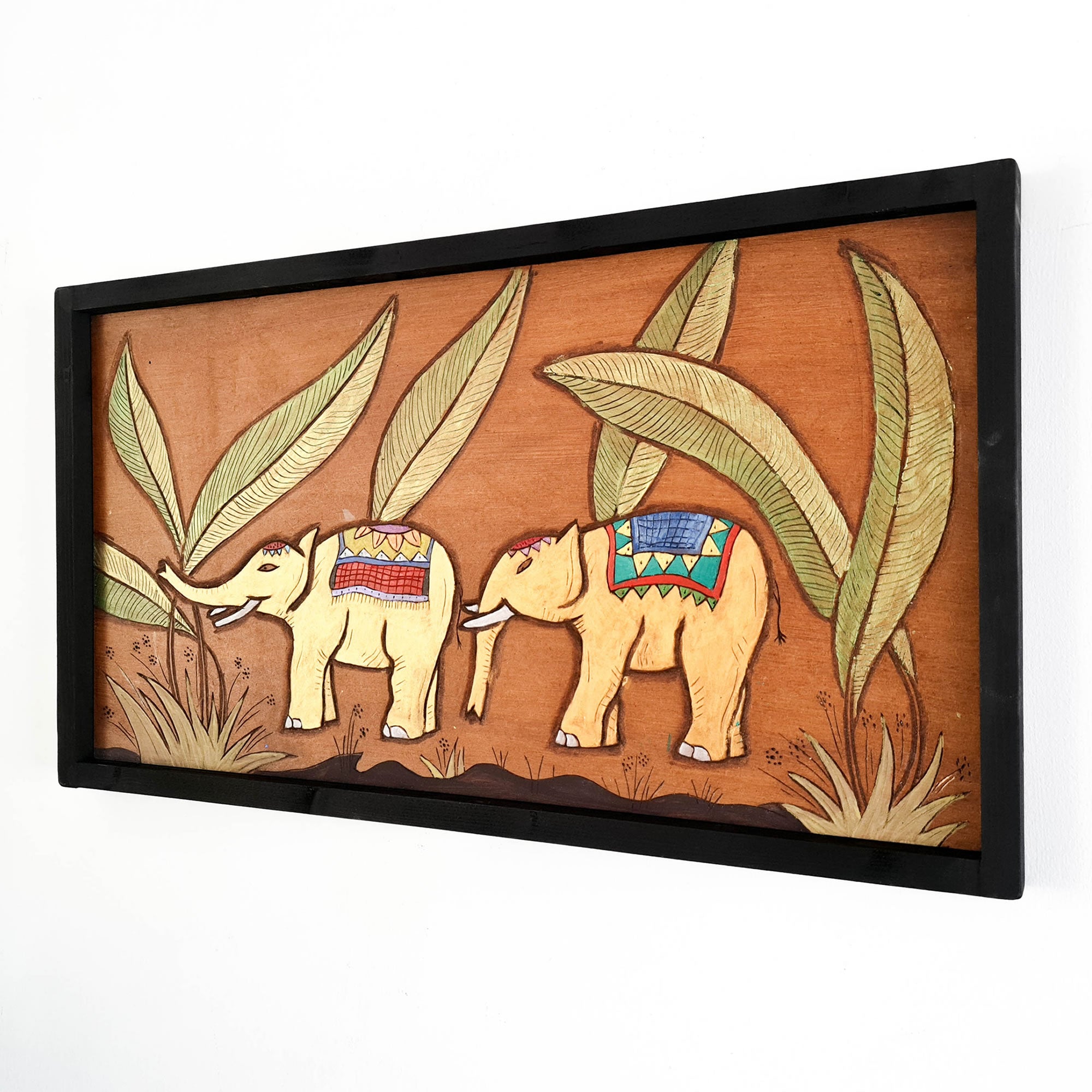 Golden Jungle African Elephants - Hand Carved Wooden Wall Art