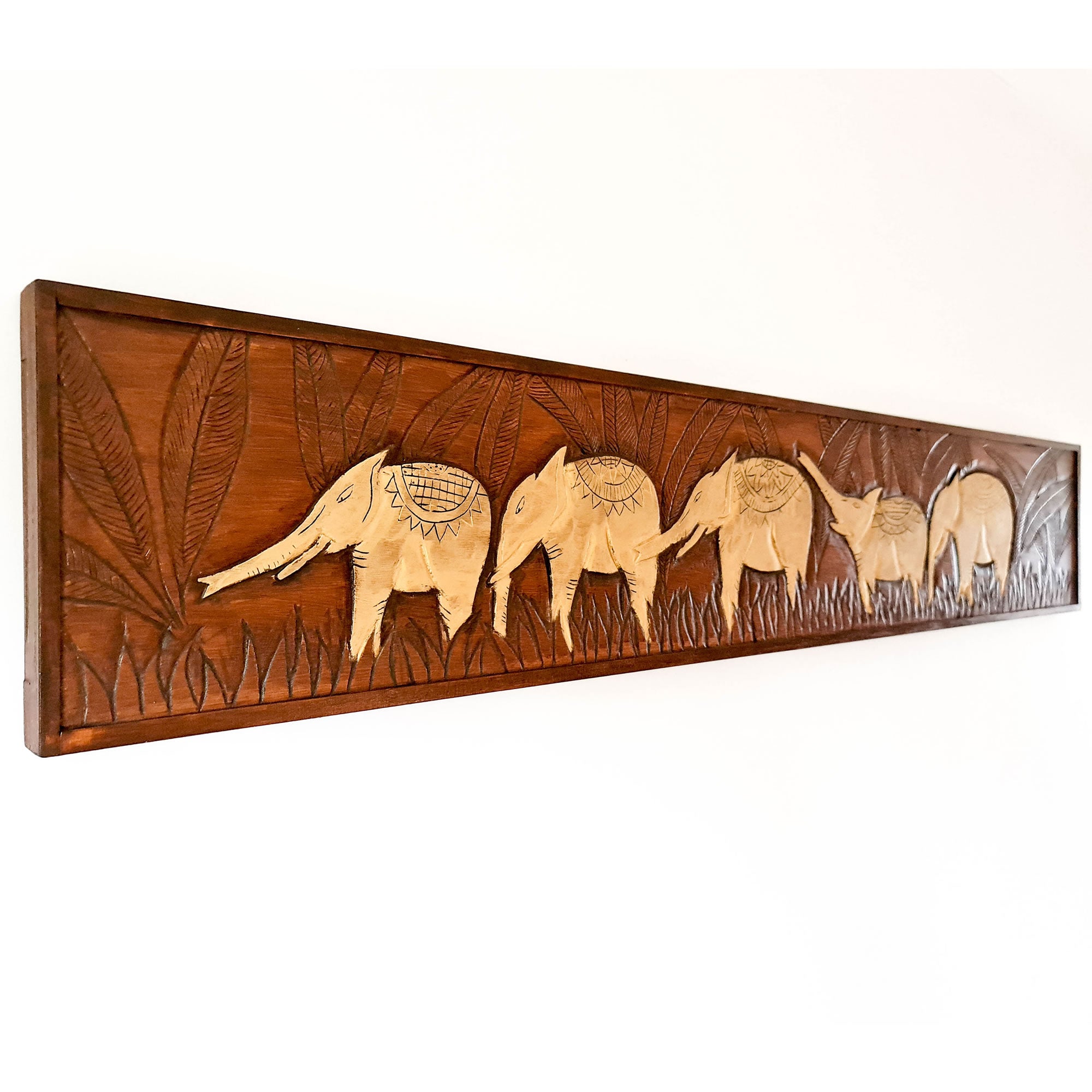 Golden African Jungle Elephants. Hand carved wooden wall art. A perfect headboard art