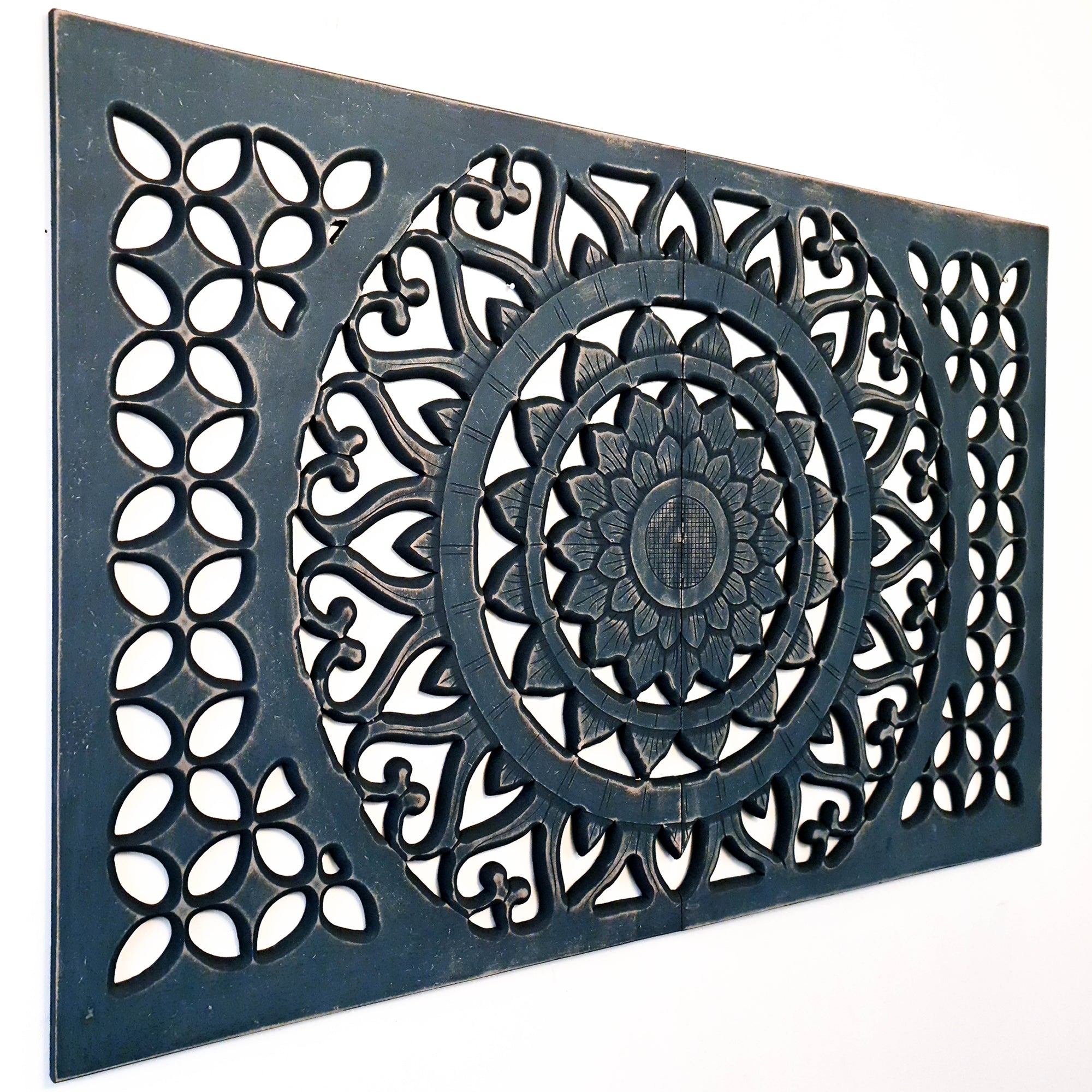 Indigo Blue Mandala | Hand-carved Wooden Decorative Wall Art Sculpture Headboard | Easternada