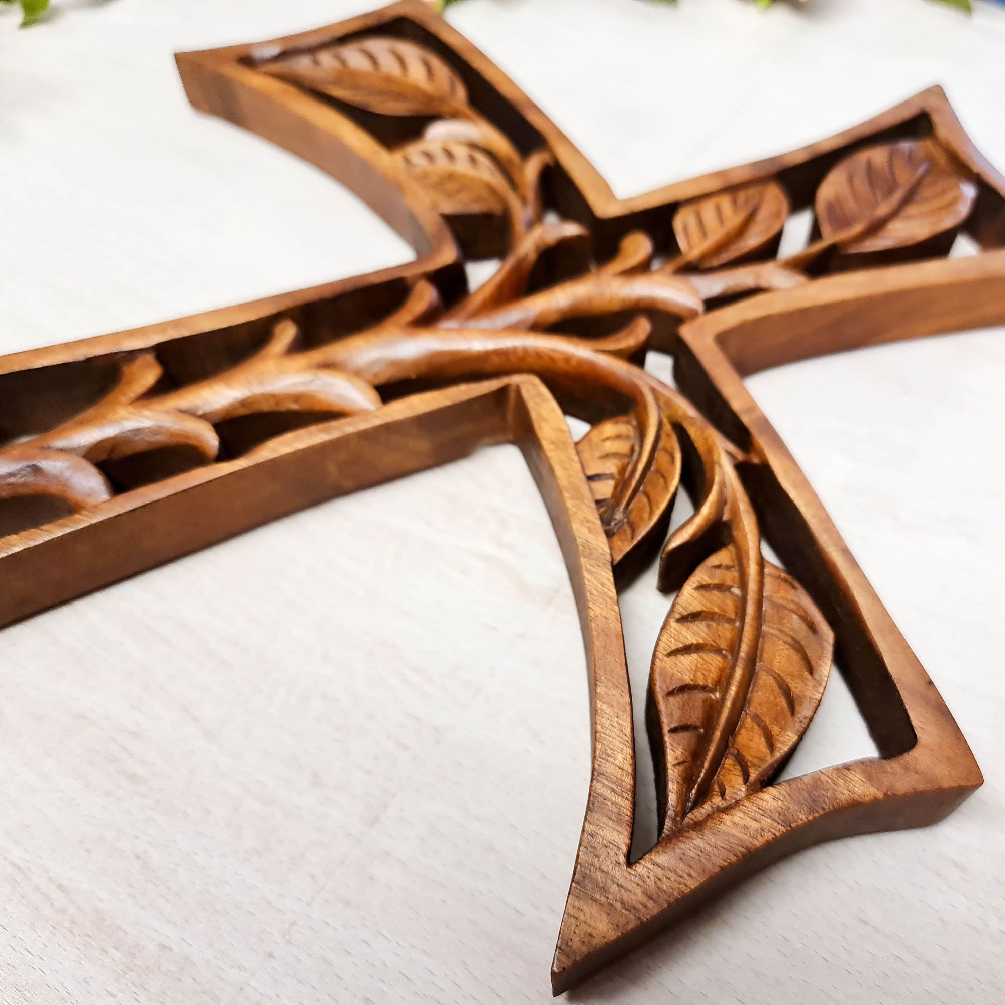 Christian Prayer Cross Tree of Life Carved Wooden Decorative Panel Sculpture Art
