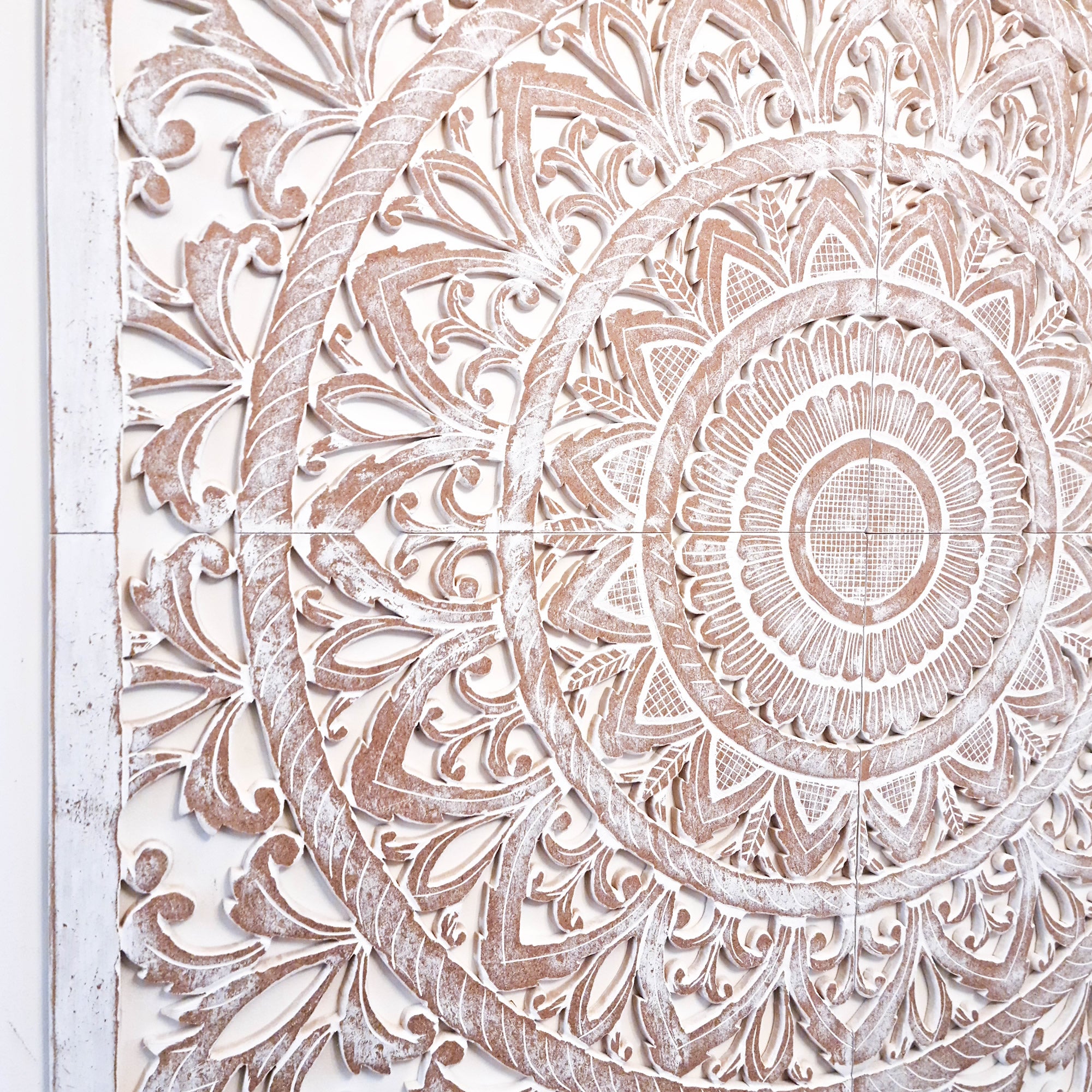Hand Carved Wooden Wall Art - Headboard Decorative Large King Mandala Distressed White Bohemian Boho Style Shabby Chic. We can also custom carve to your specifications.