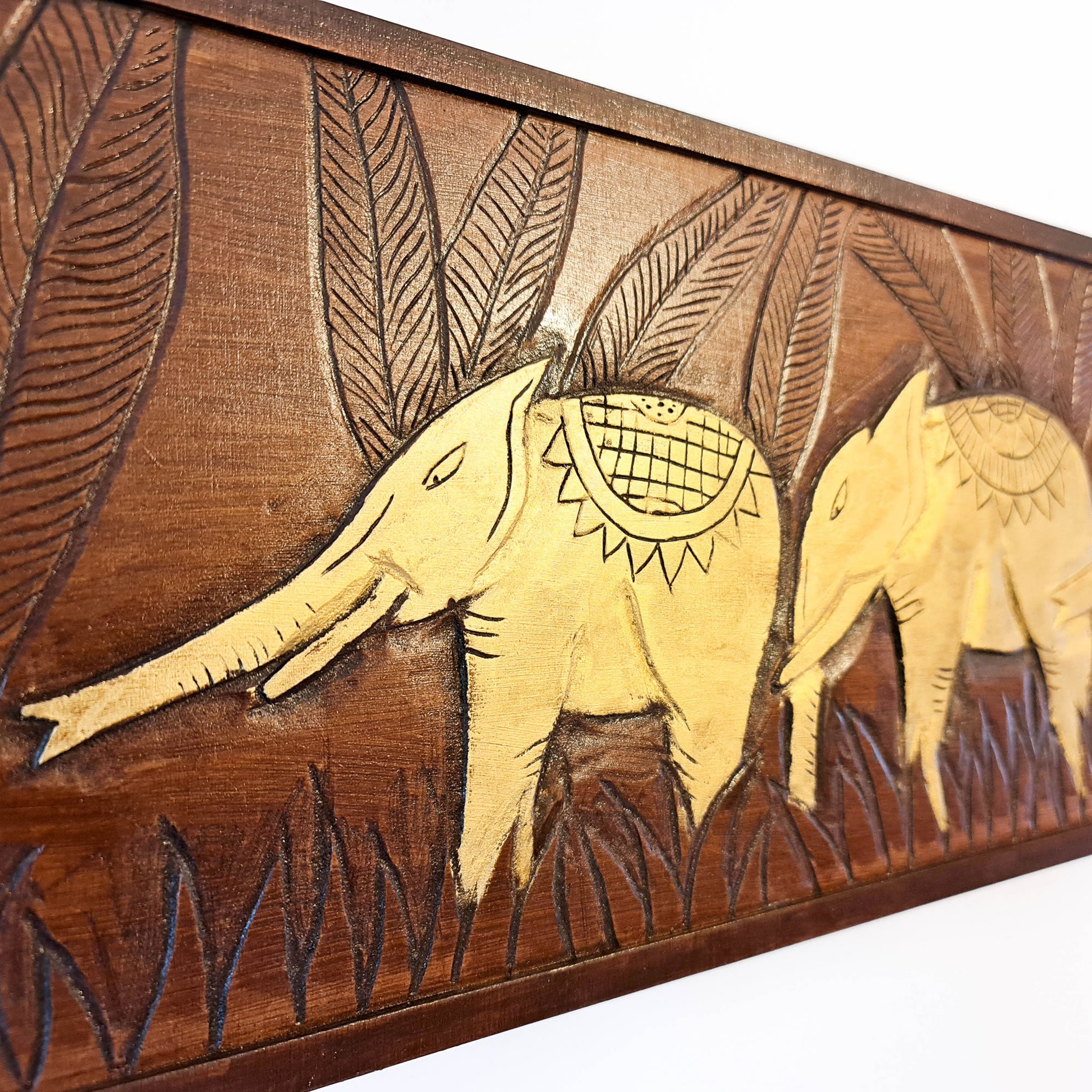 Golden African Jungle Elephants. Hand carved wooden wall art. A perfect headboard art