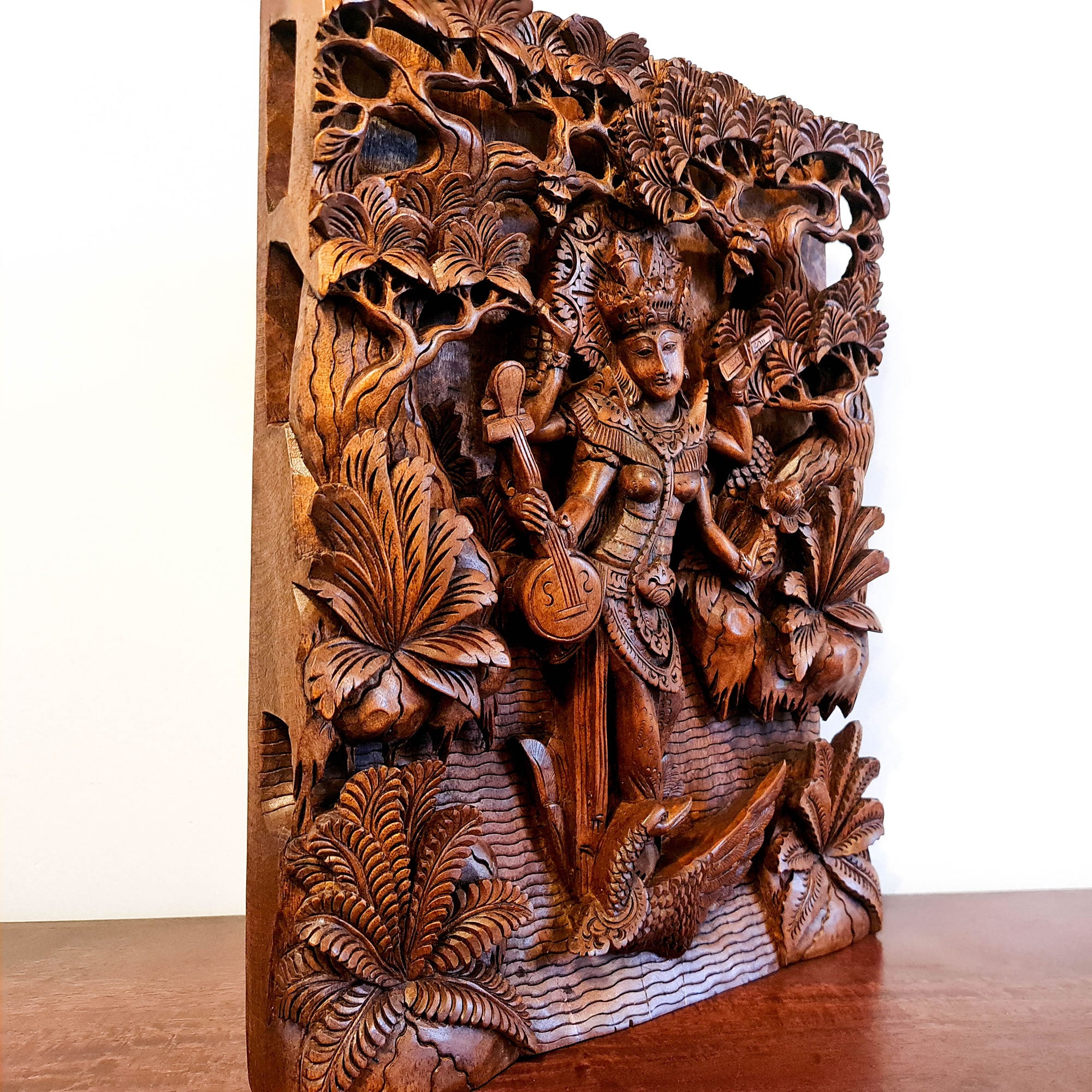 Goddess Saraswati Carved Wooden Decorative Hindu Mandir Sculpture Art - Easternada