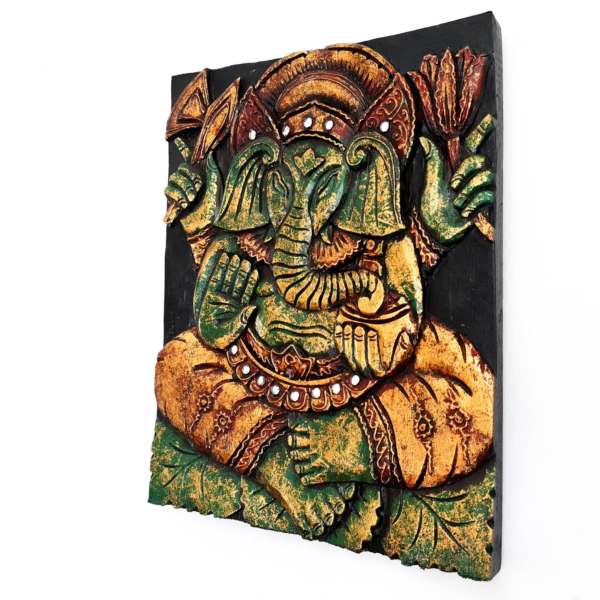 Hand Carved Painted Golden Ganesh Hindu God Mandir Wood Art Sculpture