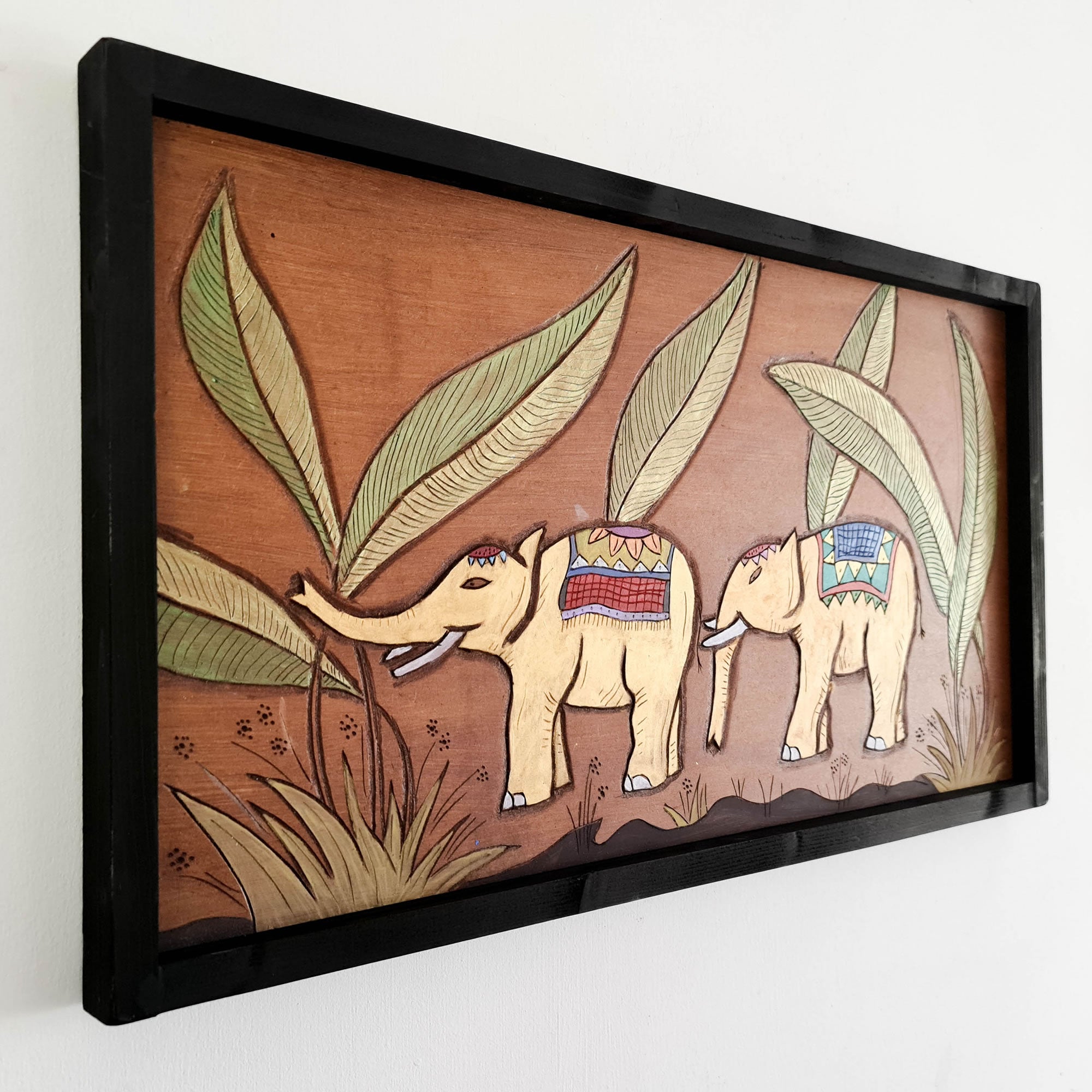 Golden Jungle African Elephants - Hand Carved Wooden Wall Art