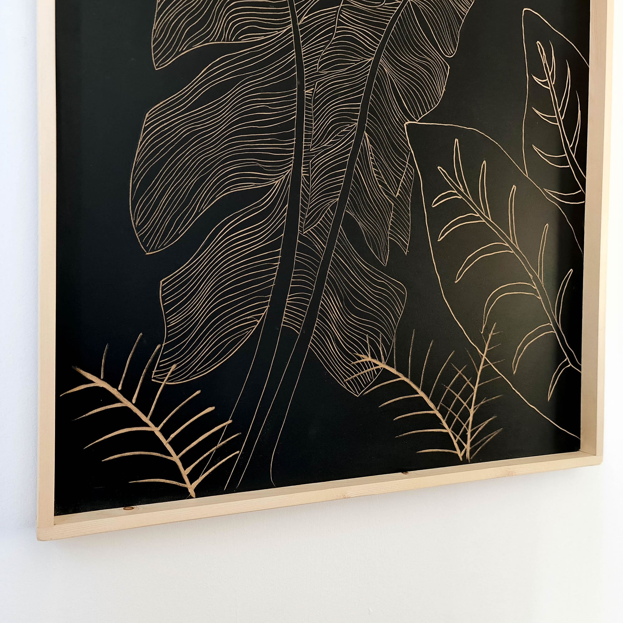 Art mural décoratif en bois sculpté à la main Feuilles sauvages Noir Grand