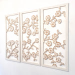 Hand Carved Wooden Wall Art - Large Headboard Decoration Cherry Blossom Shabby Chic Distressed White - Easternada