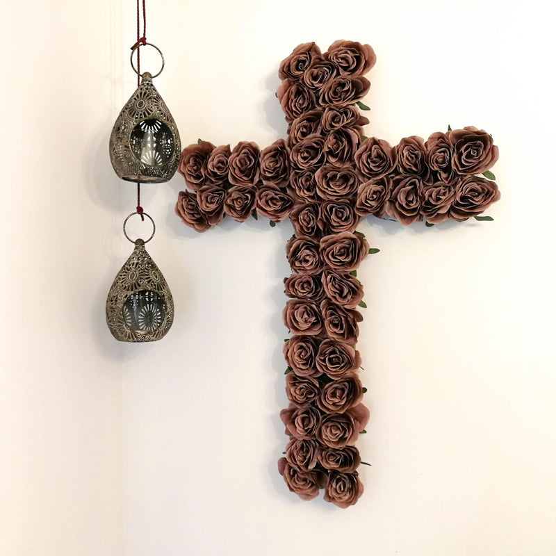 Decorative Christian Cross Wall Hanging - Jesus Religious Bohemian Style Silk Rose Flowers Church Cross