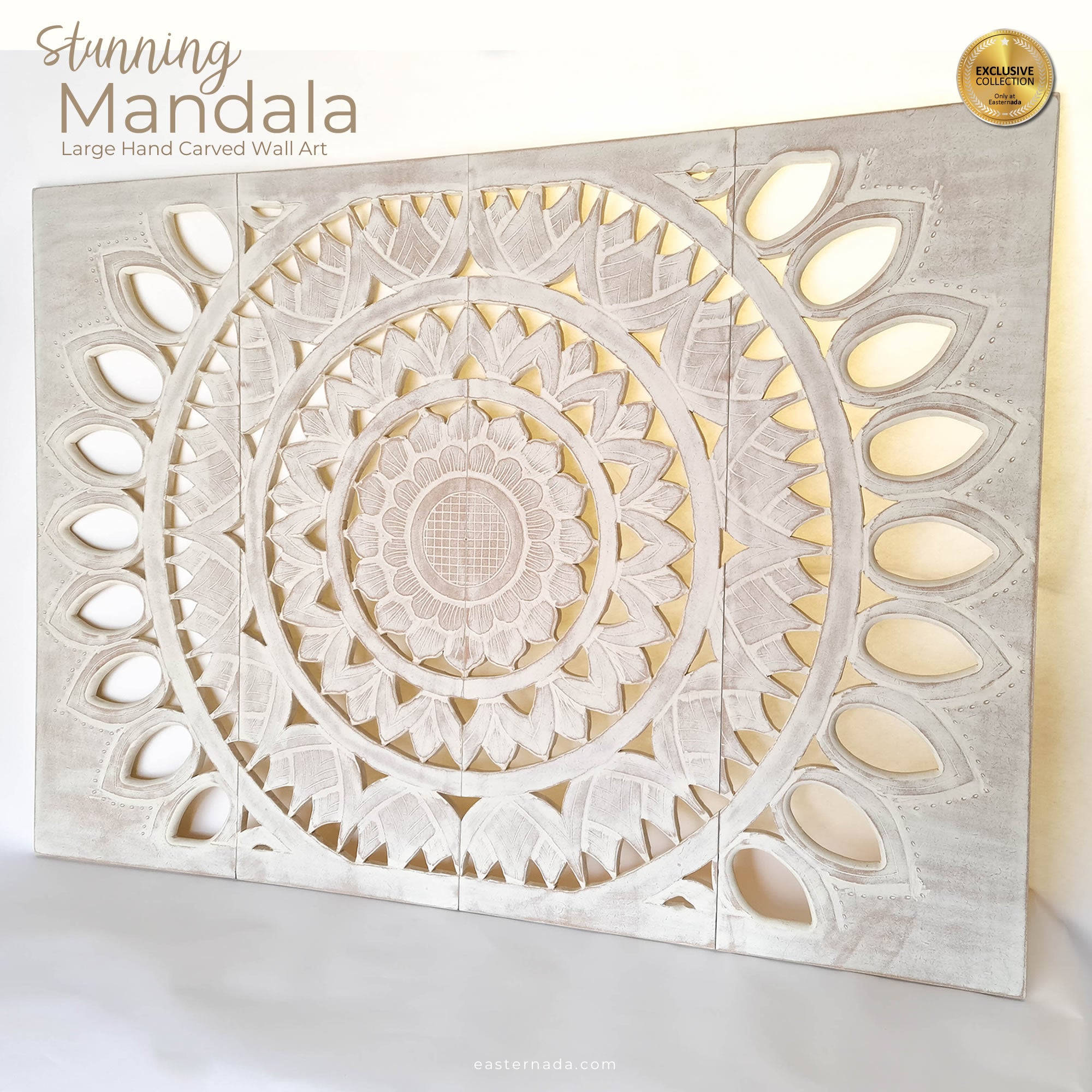 Mandala Headboard Carved Wooden Decorative Panel Art Distressed White Shabby Chic