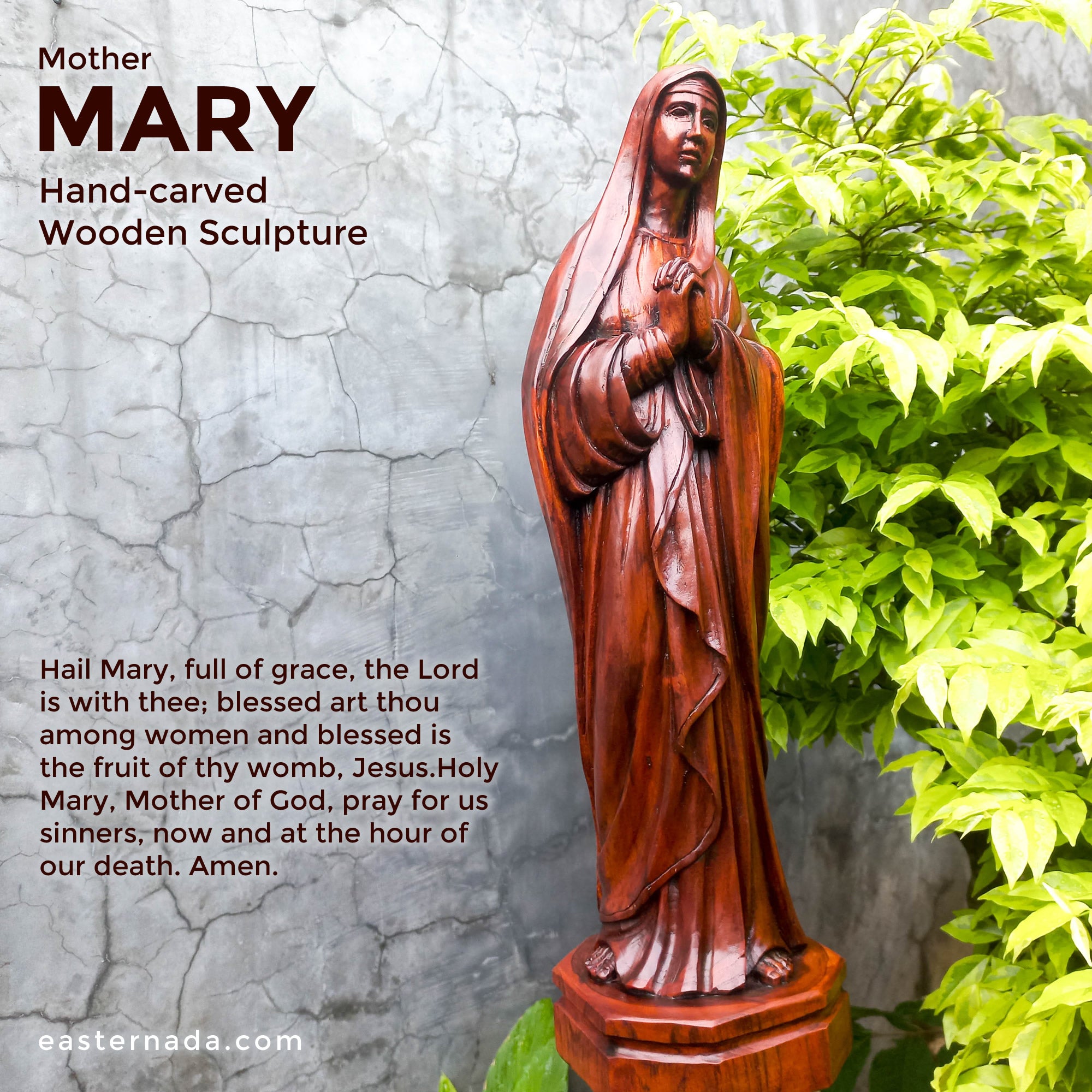 Hand-carved out of solid hardwood this sculpture is quite unique and rare. The image depicts the Virgin Mary with beautiful detail. A stunning Masterpiece. Bring home the blessings of Jesus and Mary. Gospel Christian Prayer. Bible. Easternada