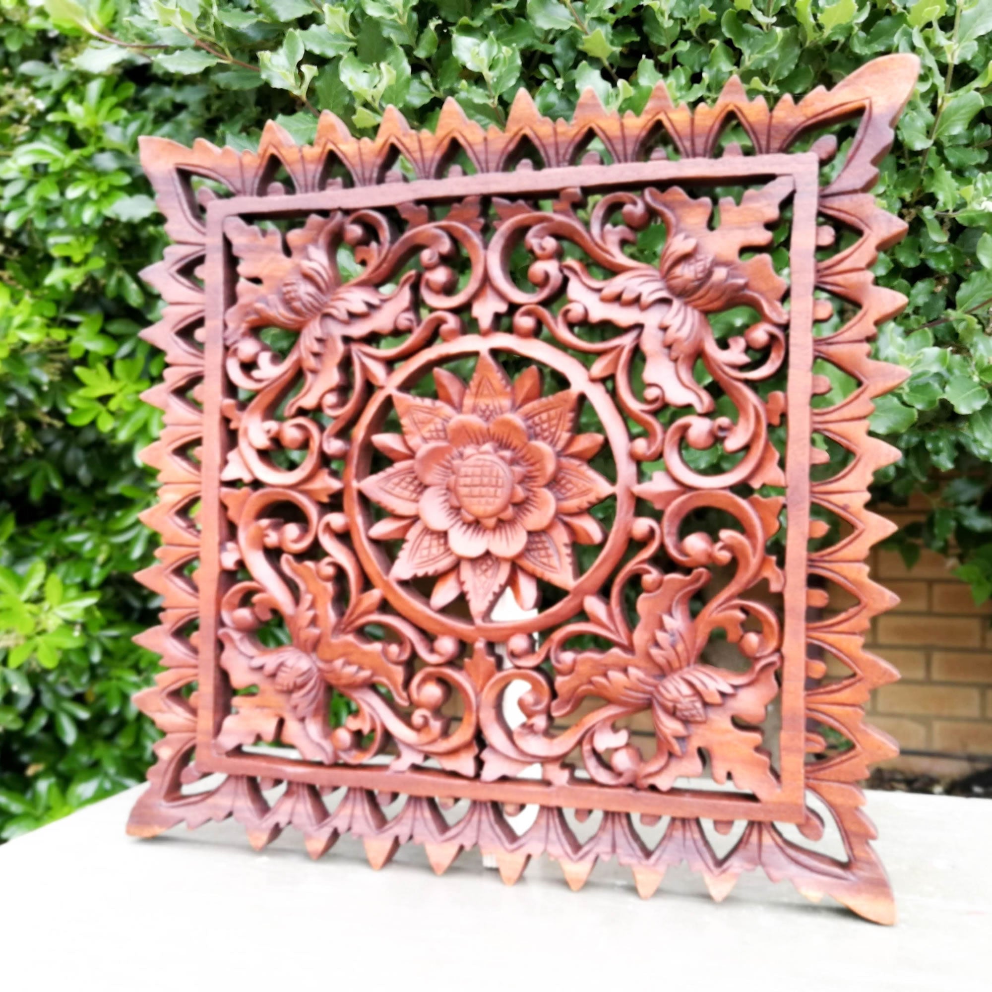 Hand Carved Wooden Decorative Panel Art Sculpture Mandala Yoga Square