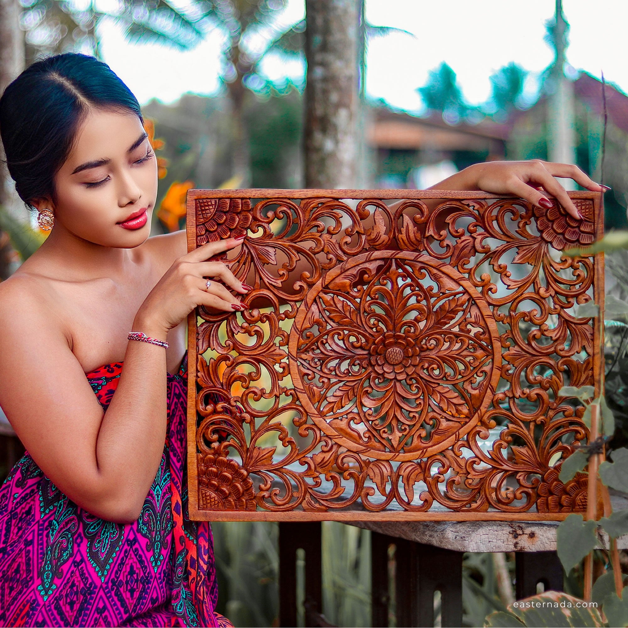 Mystic Lotus Mandala Hand Carved Wooden Room Decorative Large Headboard Wall Art Sculpture