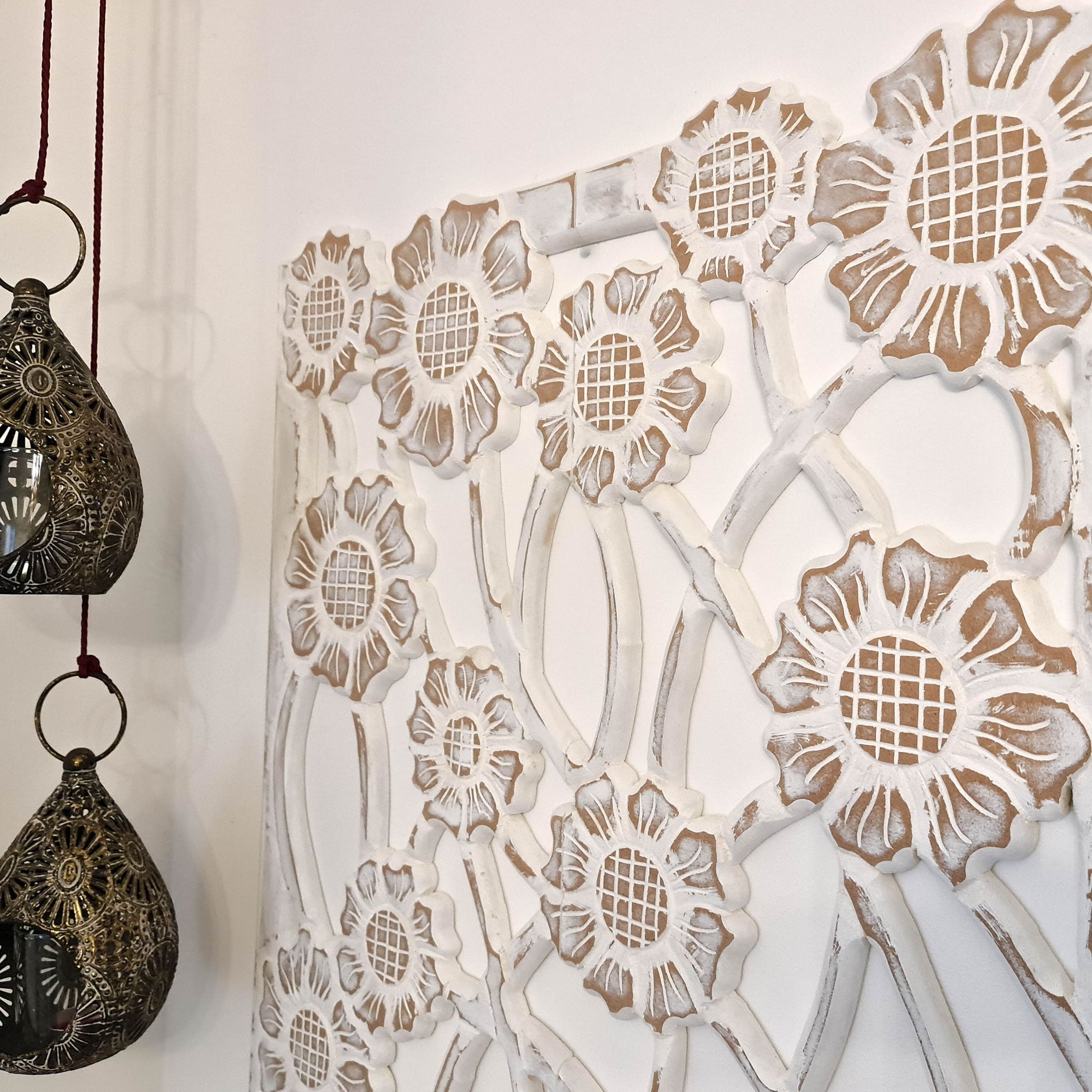 Hand Carved Wooden Wall Art - Large Headboard Decorative Flowers Panel Distressed White Shabby Chic