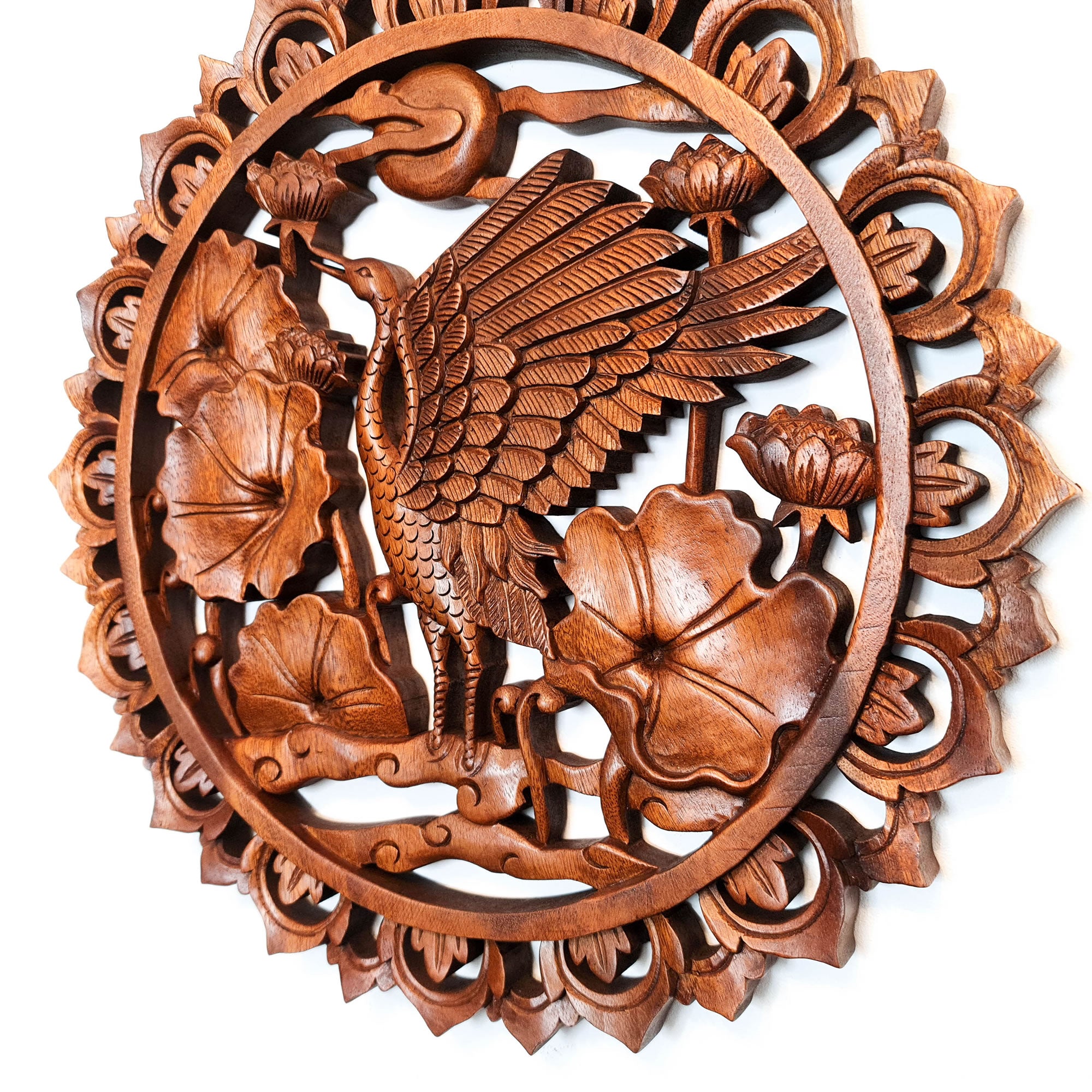 Dancing Crane Bird Carved Wooden Hand Carved Decorative Panel Sculpture Nature - Easternada