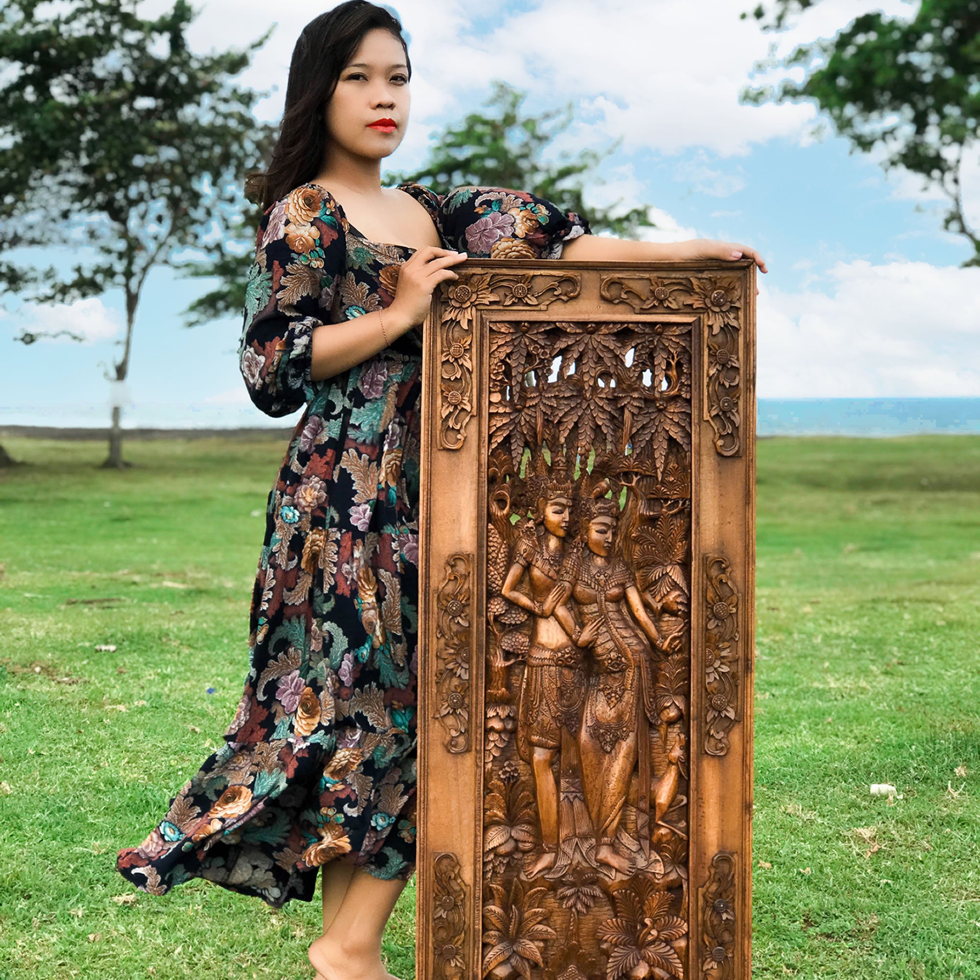 This stunning teakwood hand carved is very desirable. Ram Sita Hindu Mandir Temple Sculpture.