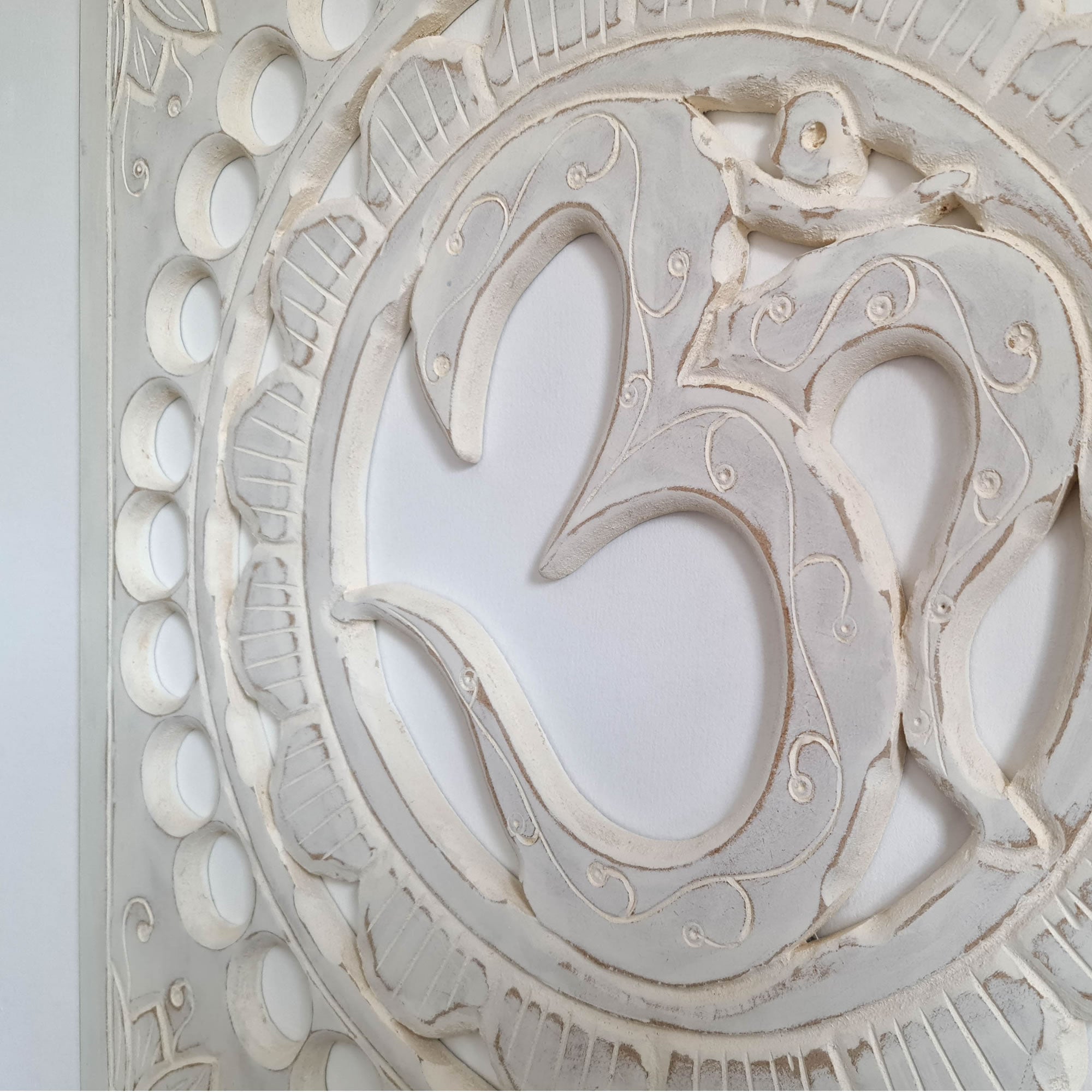 Handmade Carved Wooden Decorative Wall Art OM Mantra Distressed White