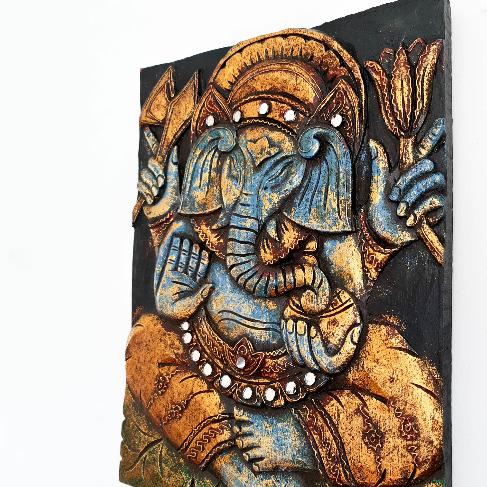 Hand Carved Painted Golden Ganesh Hindu God Mandir Wood Art Sculpture