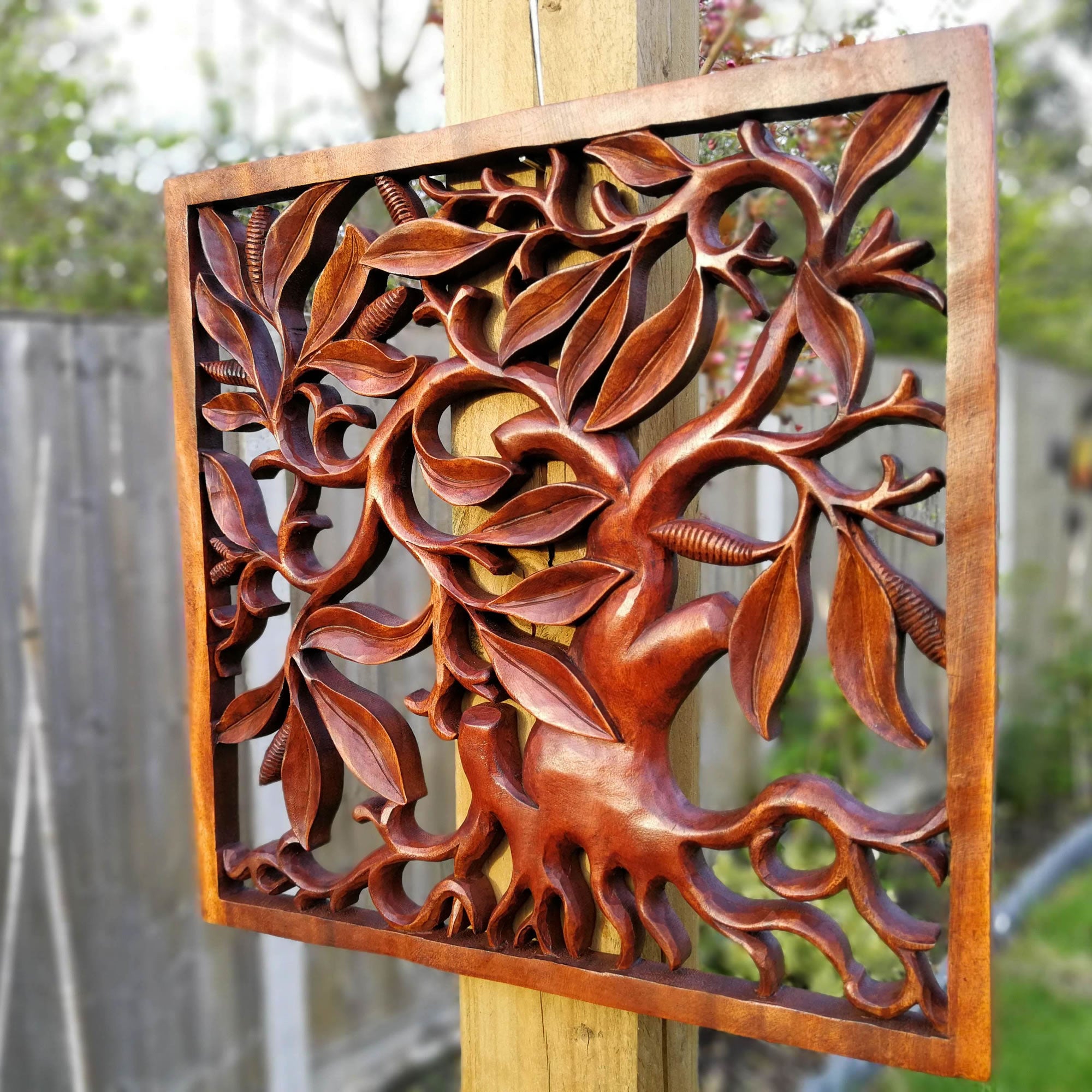 Hand Carved Wooden Decorative Panel Art Sculpture Tree of Fortune