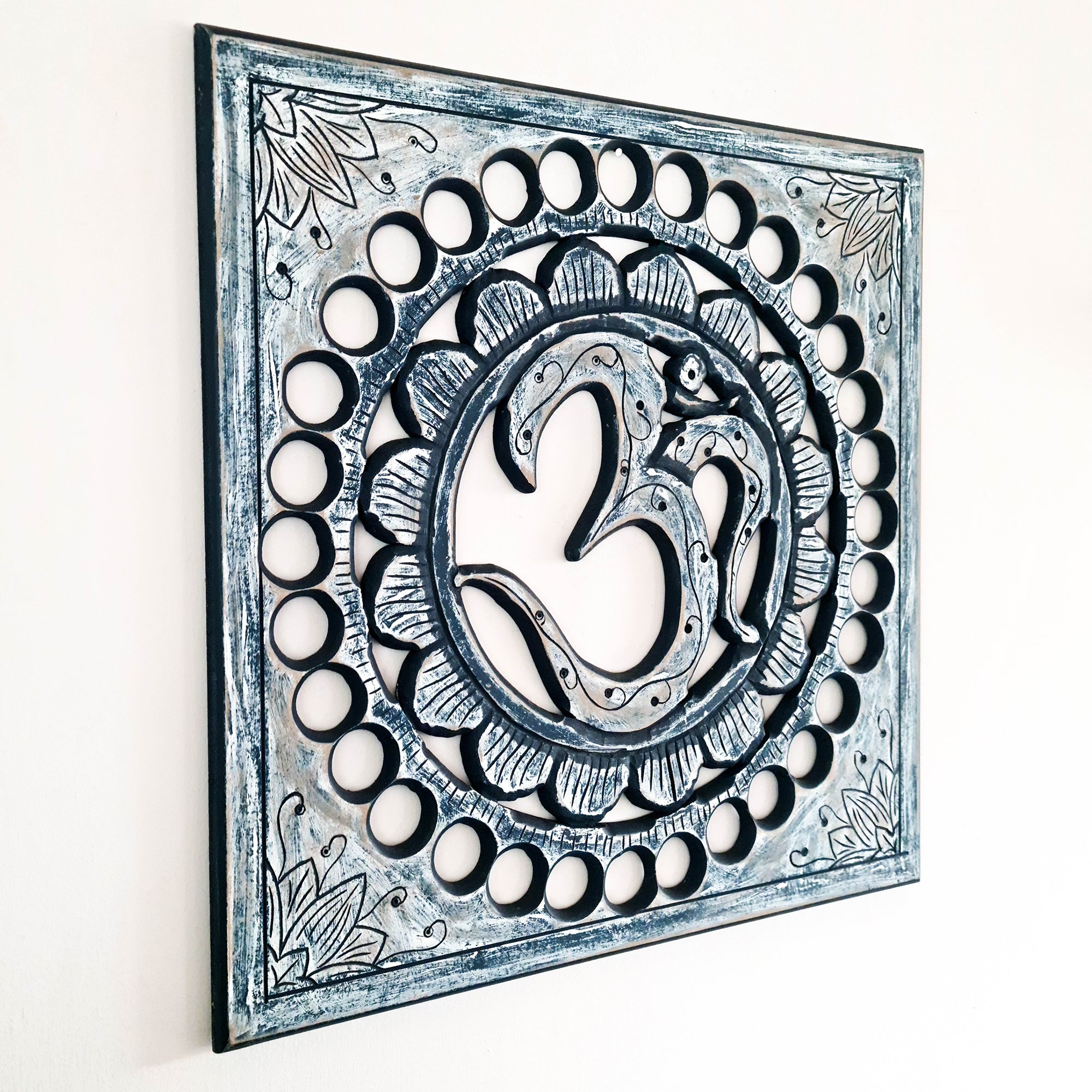 Handmade Carved Wooden Decorative Wall Art Hanging Buddha OM Mantra Distressed Rustic Indigo Blue