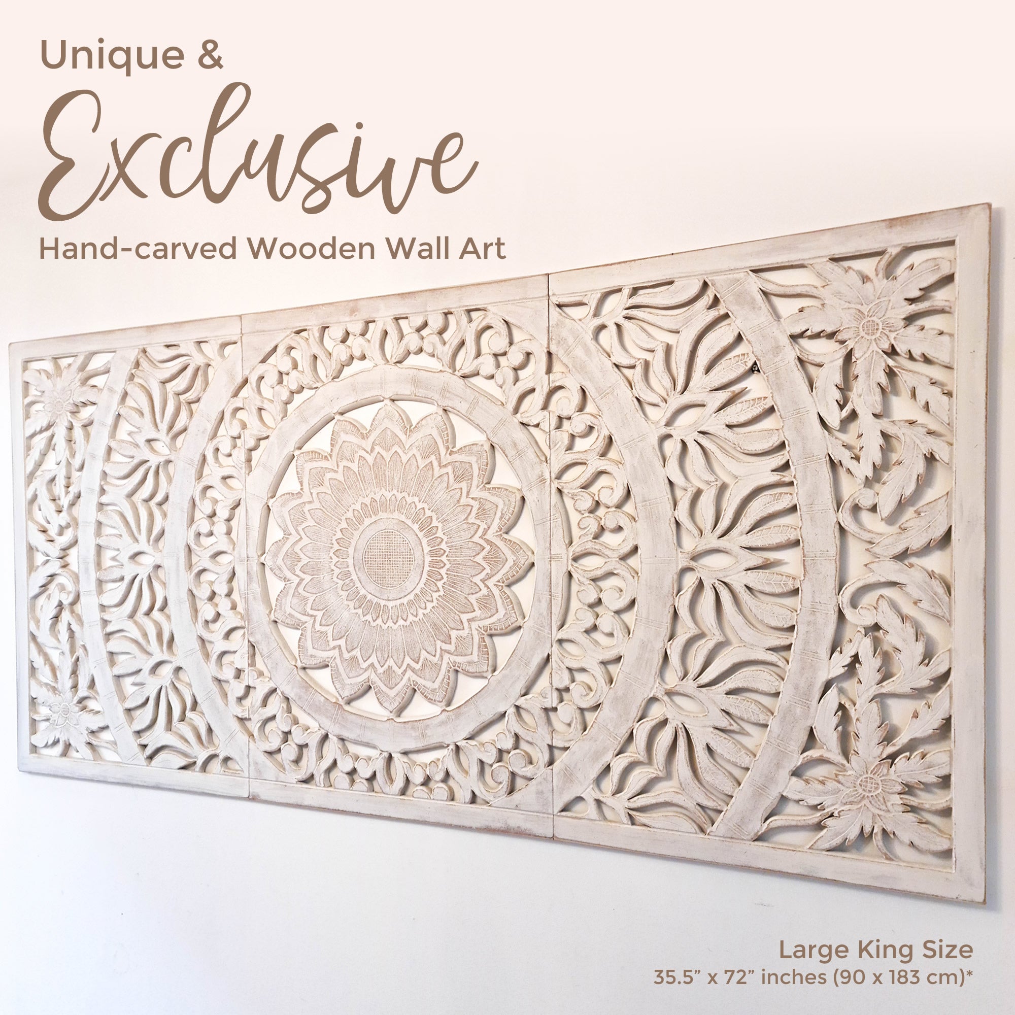 Hand Carved Wooden Wall Art - Headboard Decorative Large King Mandala Distressed White Bohemian Boho Style Sgabby Chic