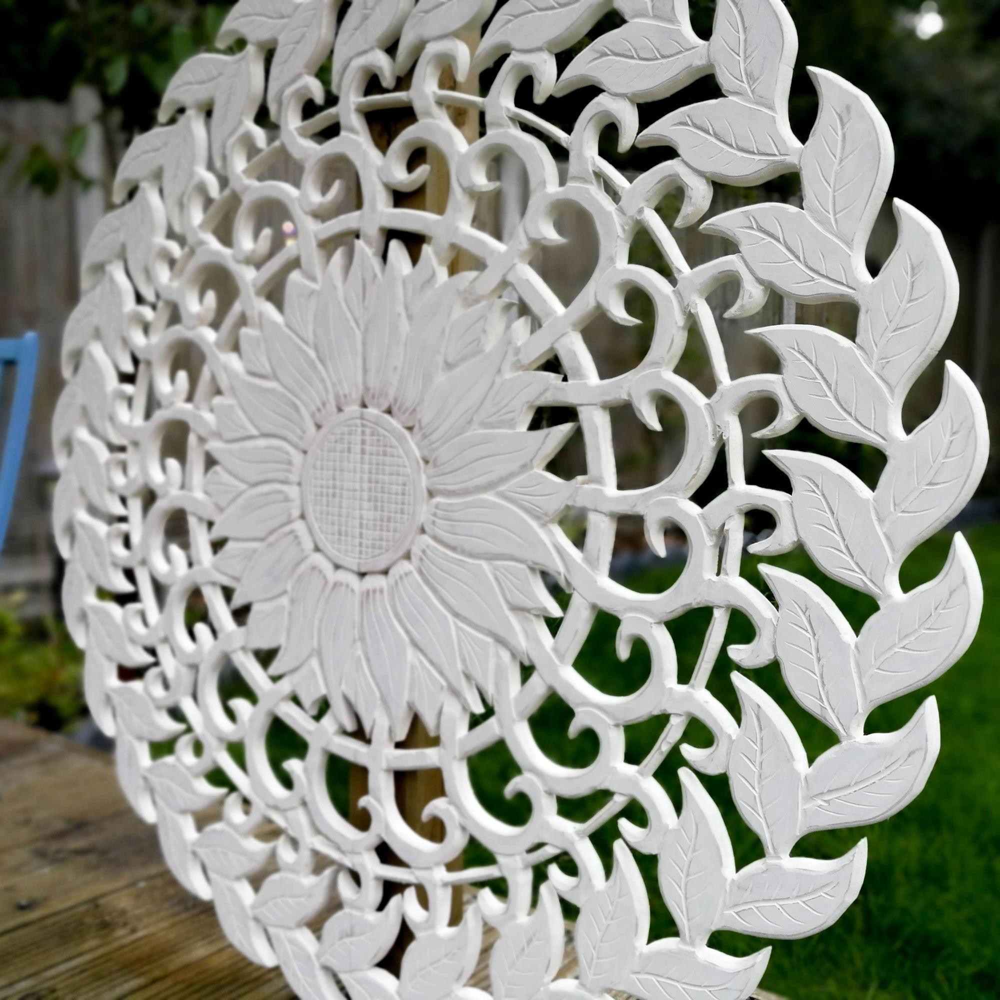 Large Handmade Carved Wooden Decorative Wall Art Lotus Headboard Bedroom Mandala