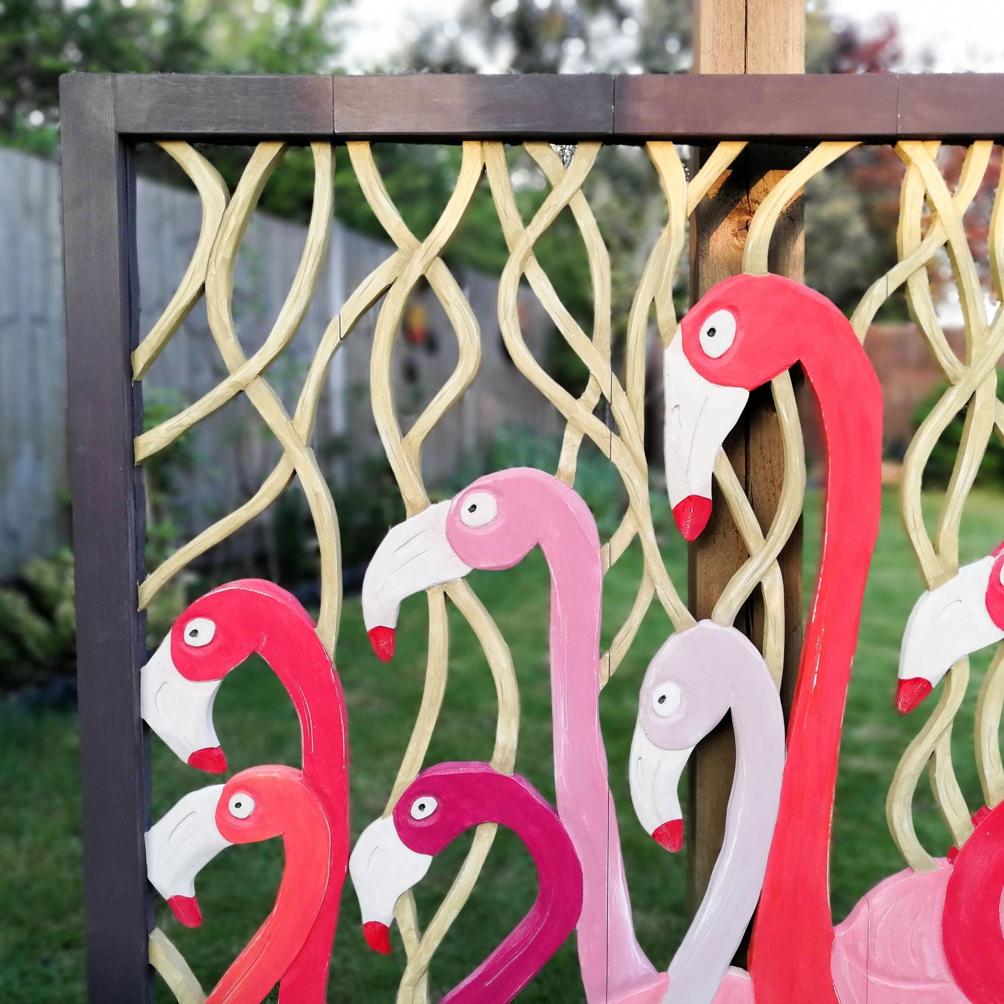 Carved Painted Wooden Wall Art - Large Headboard Decorative Flamingos
