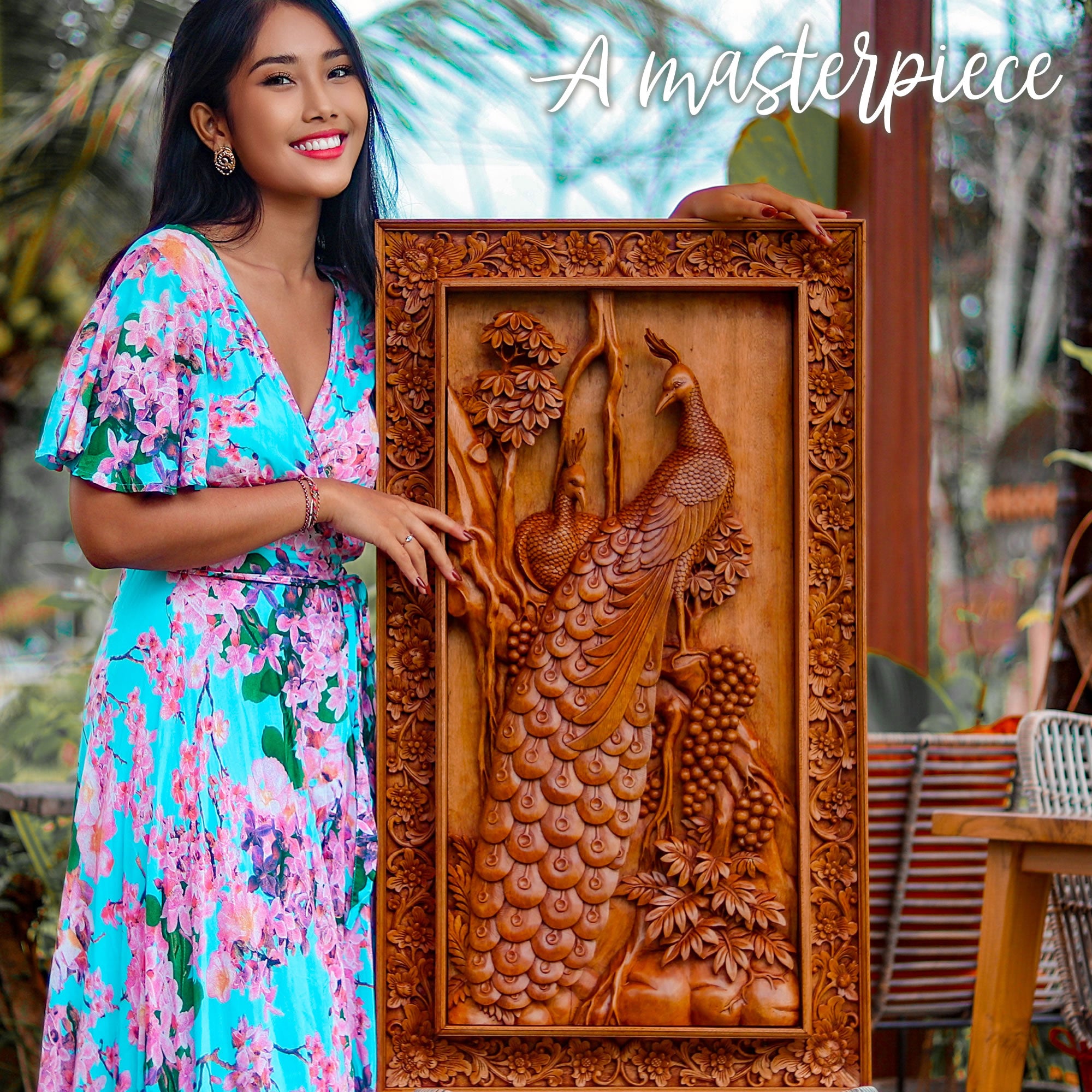 This is a stunning masterpiece. Intricate detailed hand carved Peacock birds out of Teak Wood. With decorative frame to match this will be the focal point in any room. Only one piece carved and its an exclusive and unique collection. A Perfect Gift - Easternada