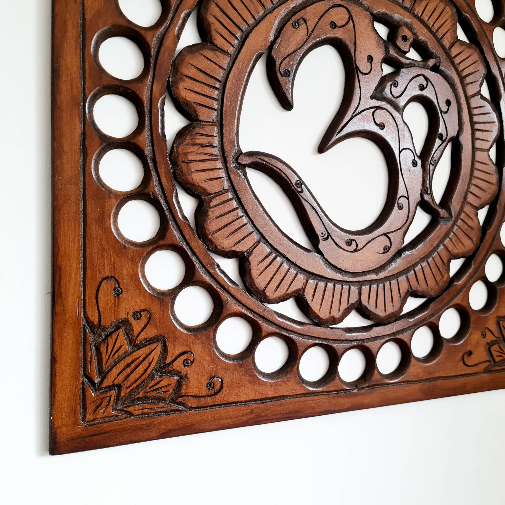 Handmade Carved Wooden Decorative Wall Art OM Mantra Mandir Meditation - Easternada