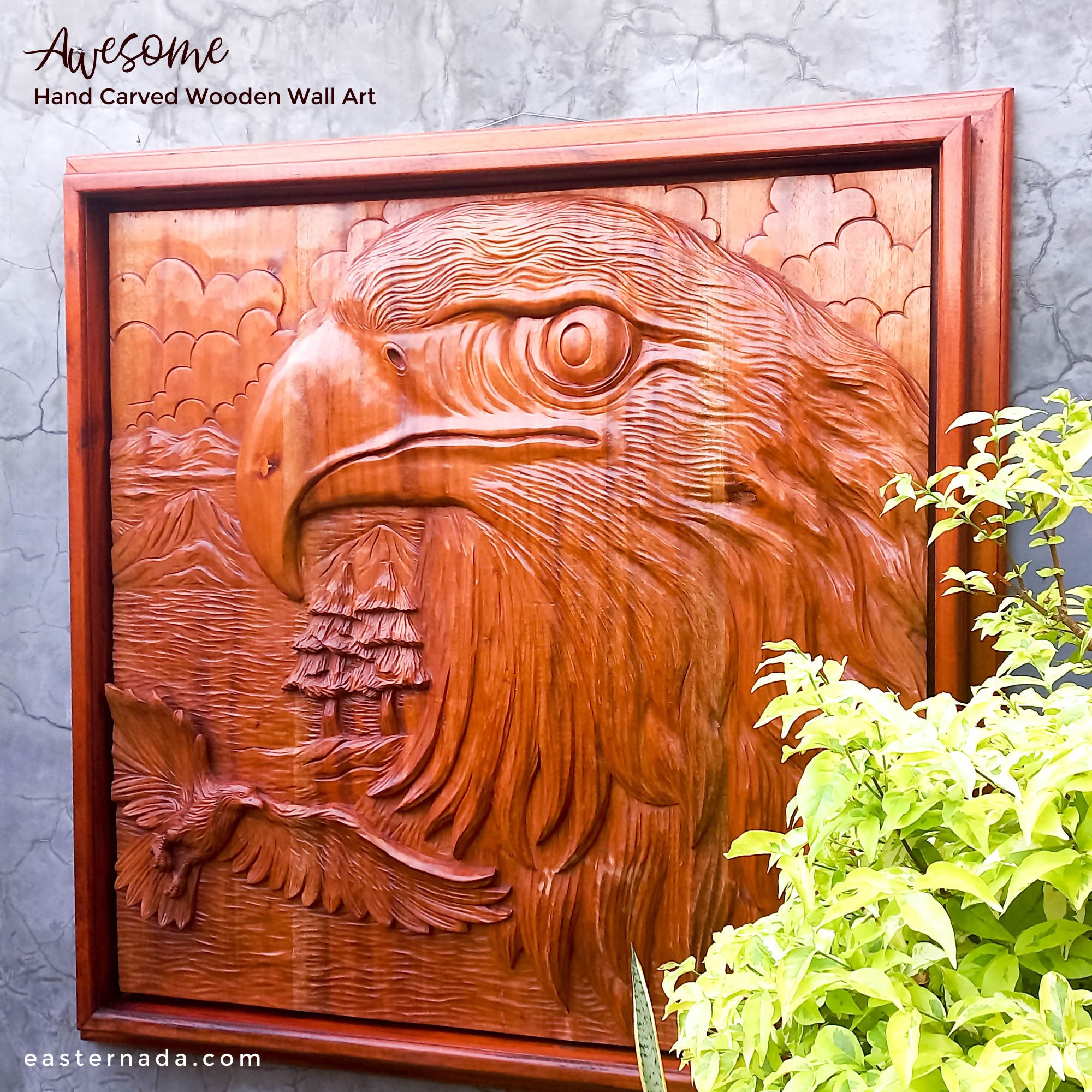 Hand Carved American Bald Eagle Bird Decorative Teakwood Sculpture Wall Art