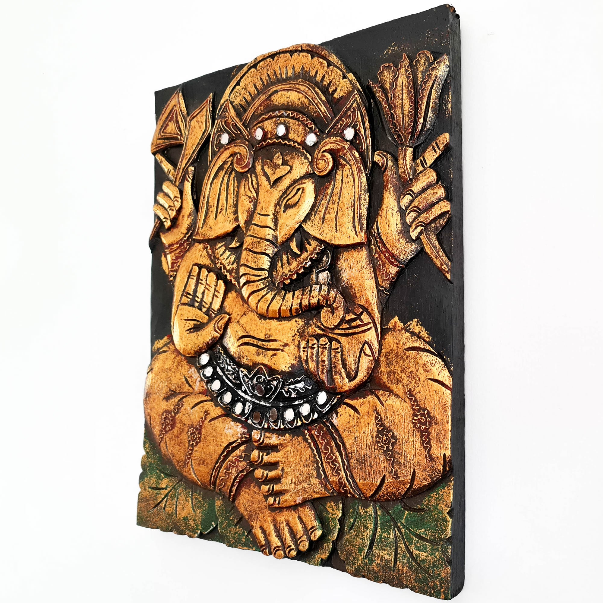 Hand Carved Painted Golden Ganesh Hindu God Mandir Wood Art Sculpture