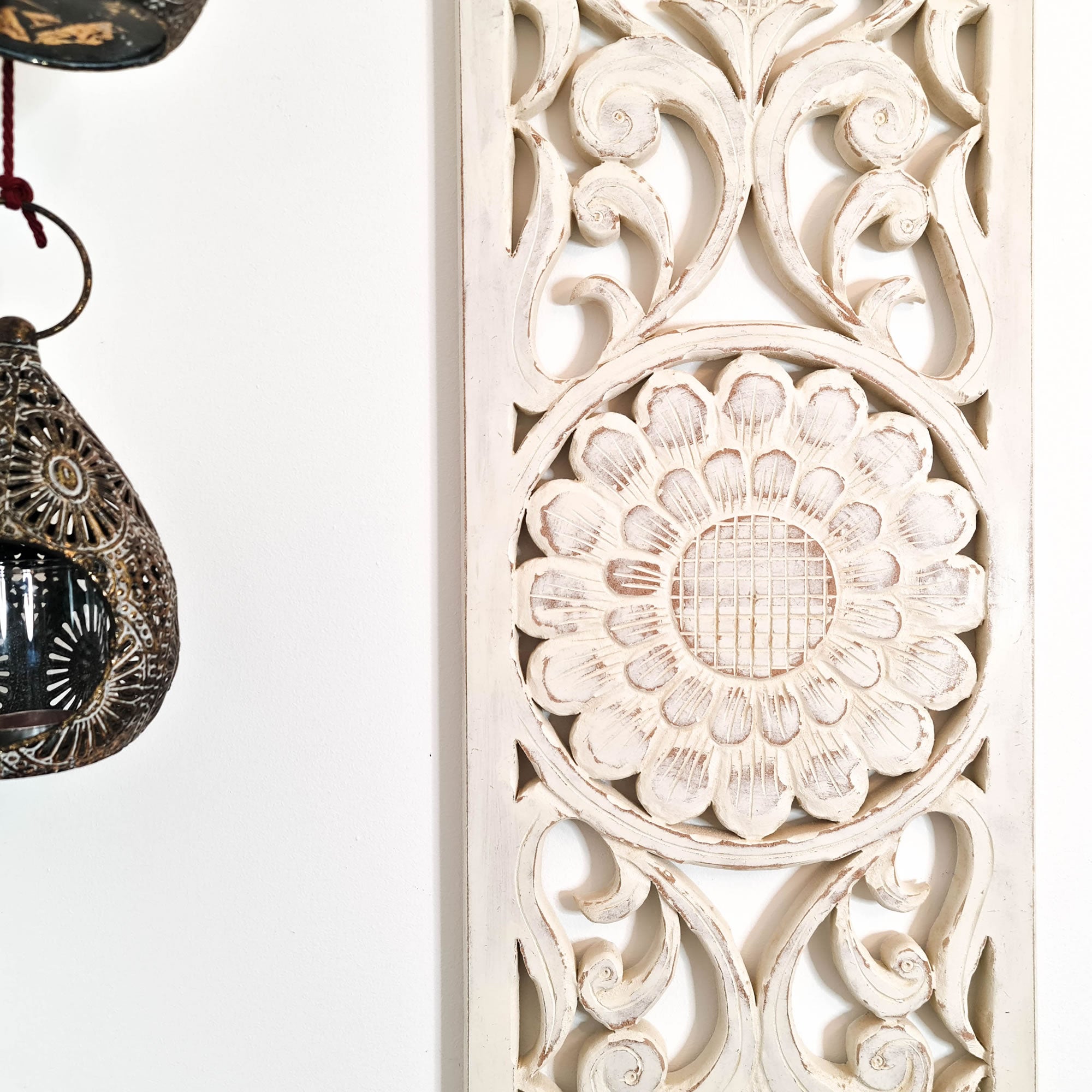 Hand Carved Wooden Wall Art - Distressed White Decorative Mandala Yoga Panel