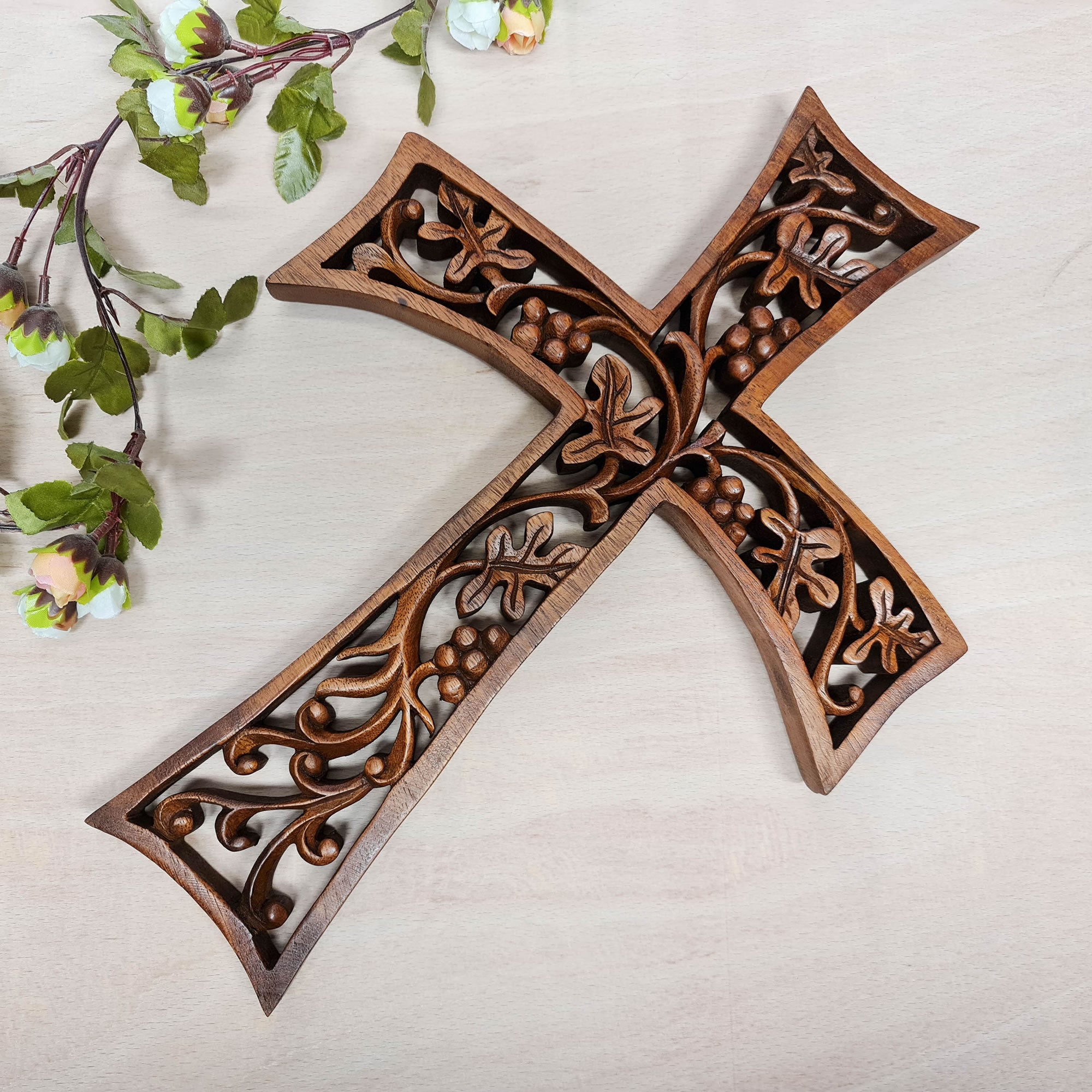 Christian Prayer Cross Tree of Life Carved Wooden Decorative Panel Sculpture Art