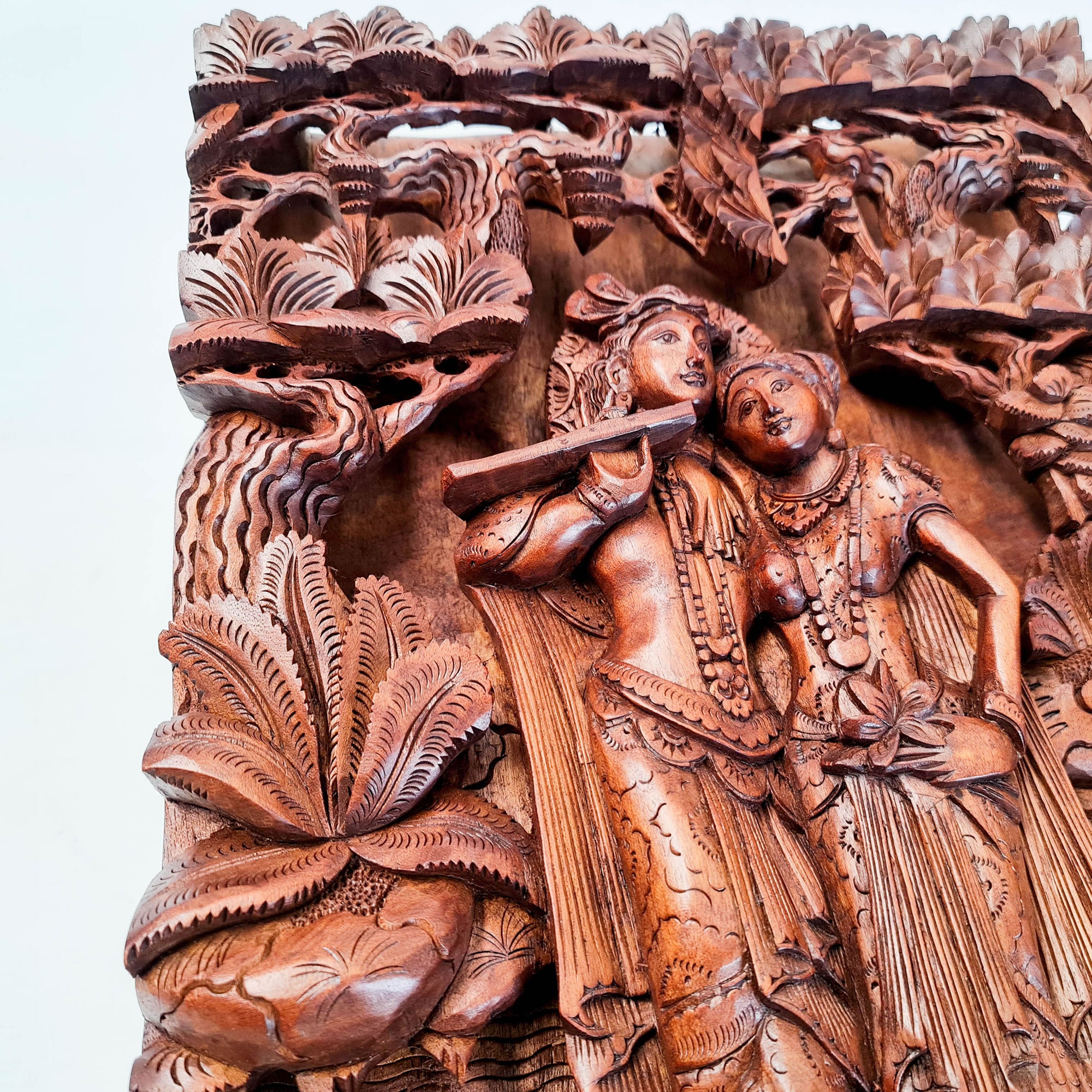 Hand Carved Wooden Hindu God - Radha Krishna Mandir Sculpture Hare Krishna