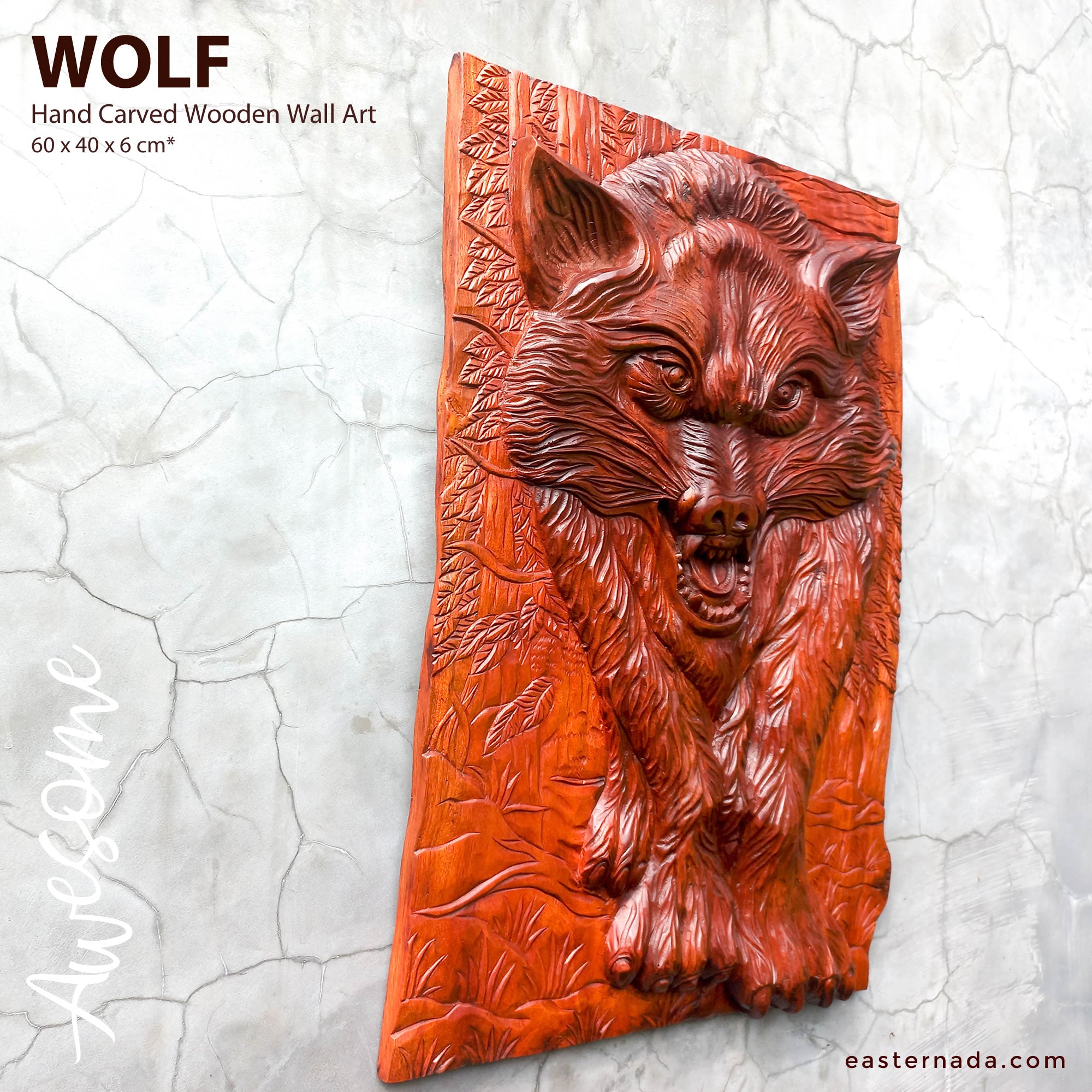 Hand Carved Wolf Decorative Teakwood Sculpture Wall Art