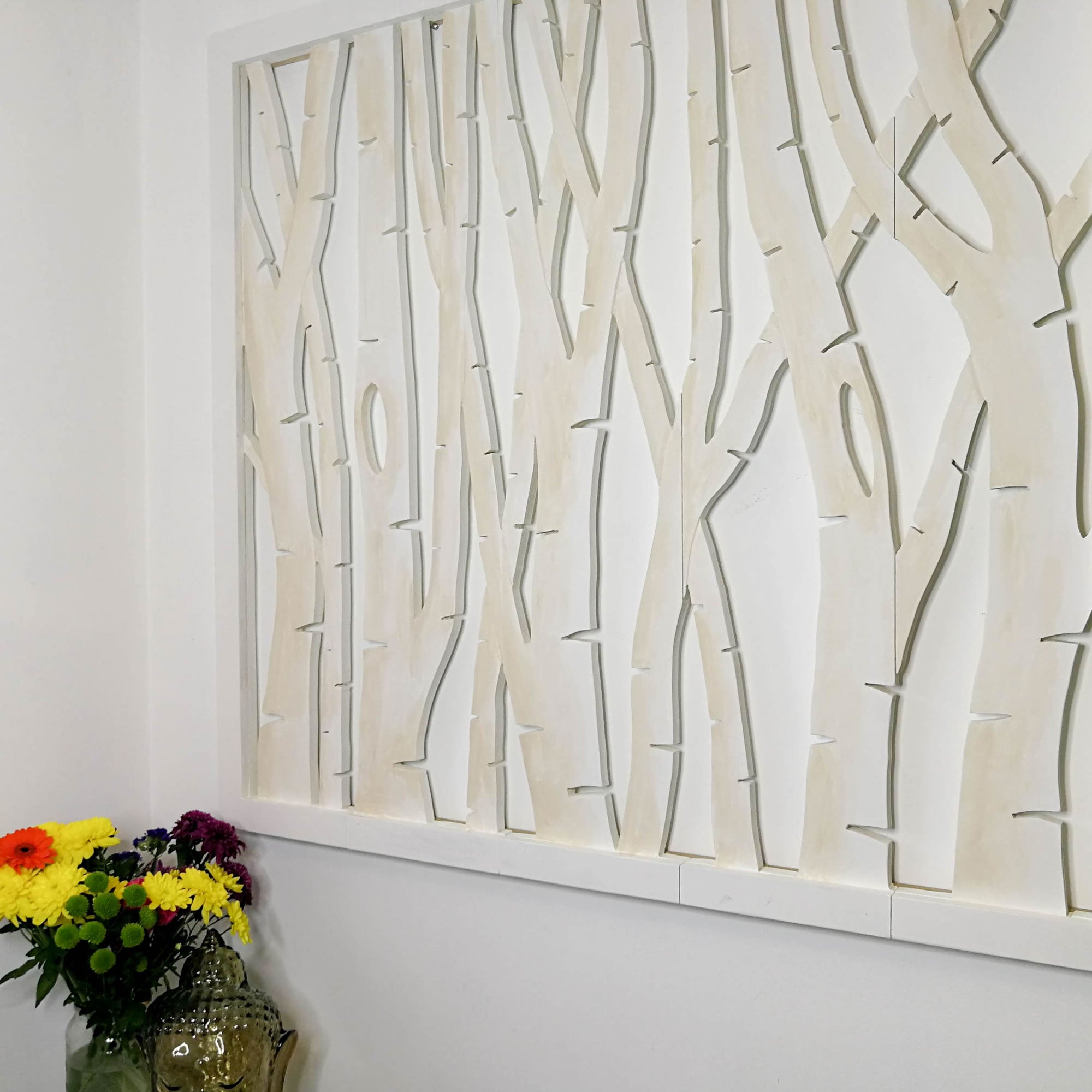 Art mural en bois sculpté - Grande tête de lit décorative en bouleaux