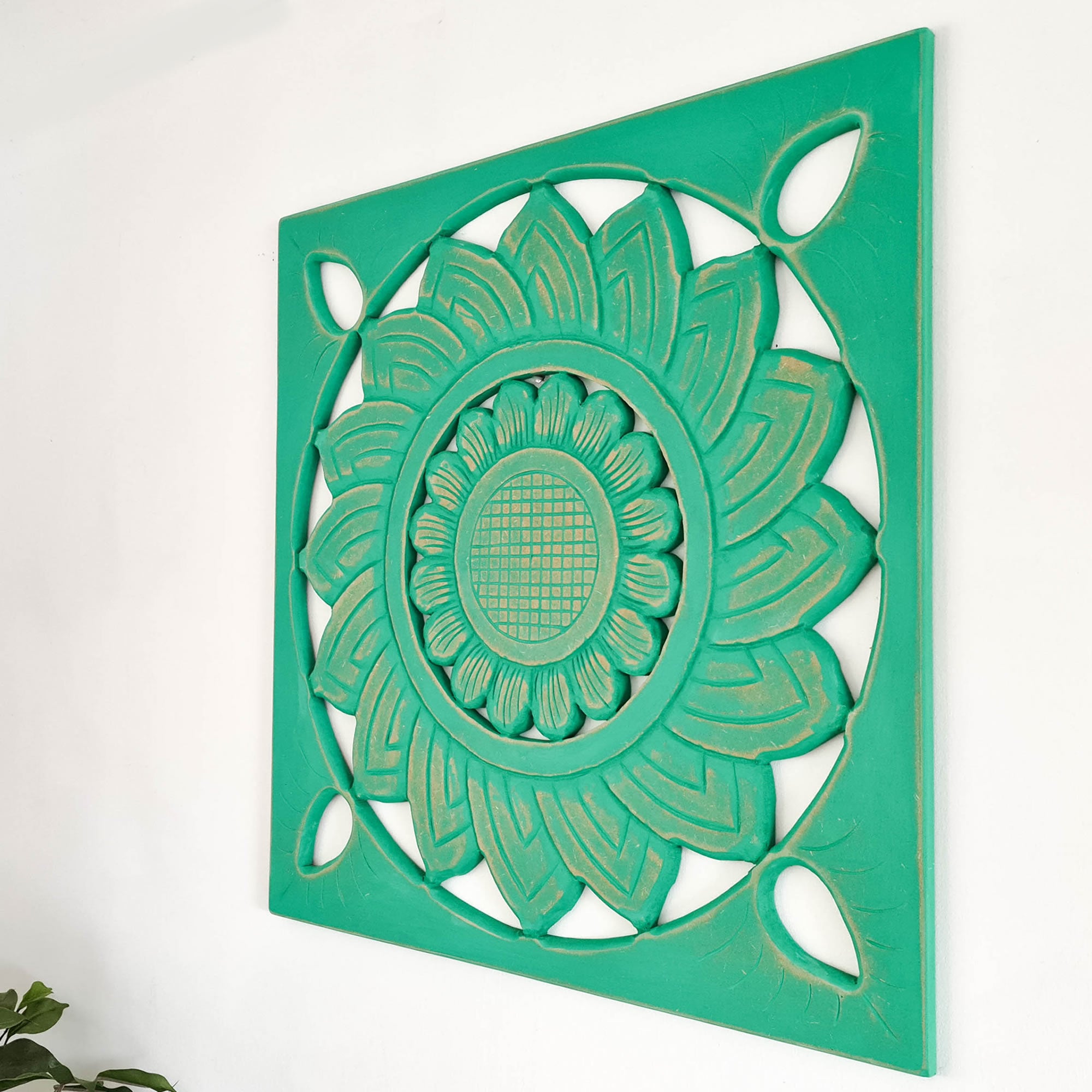 Hand Carved Wooden Wall Art - Square Decorative Mandala Turquoise